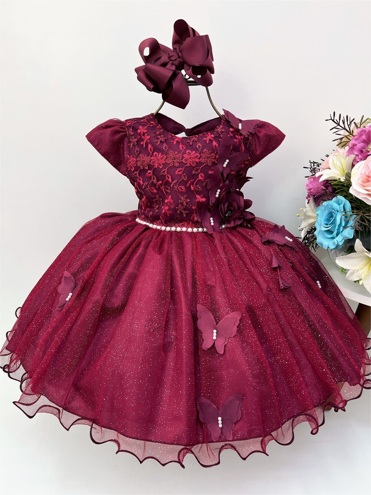 Vestido Infantil Aplique de Borboletas Marsala Brilho Perola