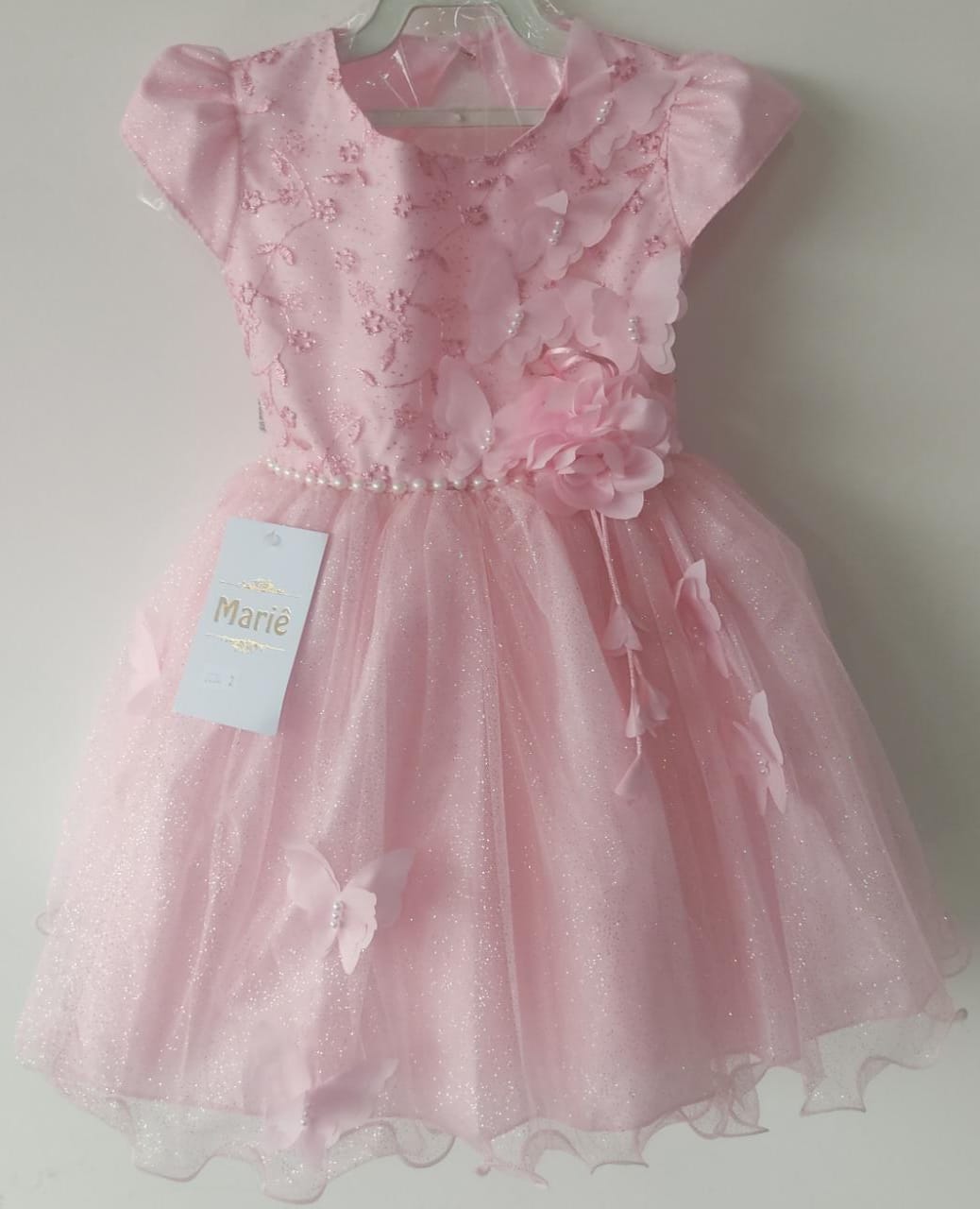 Vestido Infantil Aplique de Borboletas Renda Flor Rosa Brilho