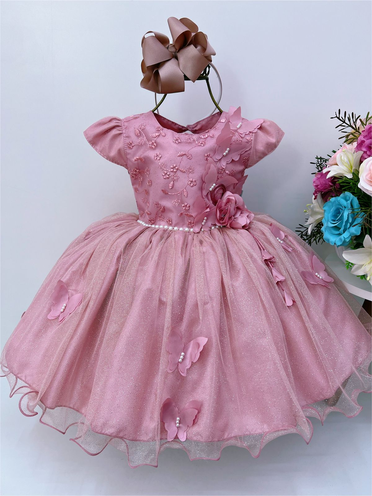 Vestido Infantil Aplique de Borboletas Renda Flor Rosé Brilho