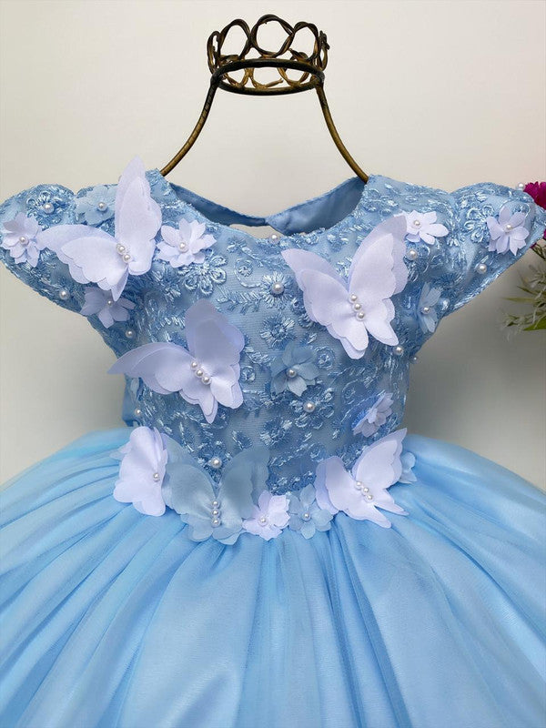 Vestido Infantil Azul Aplique Borboletas Renda Luxo