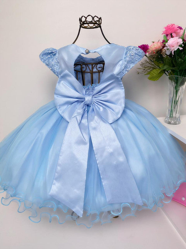 Vestido Infantil Azul Aplique Borboletas Renda Luxo