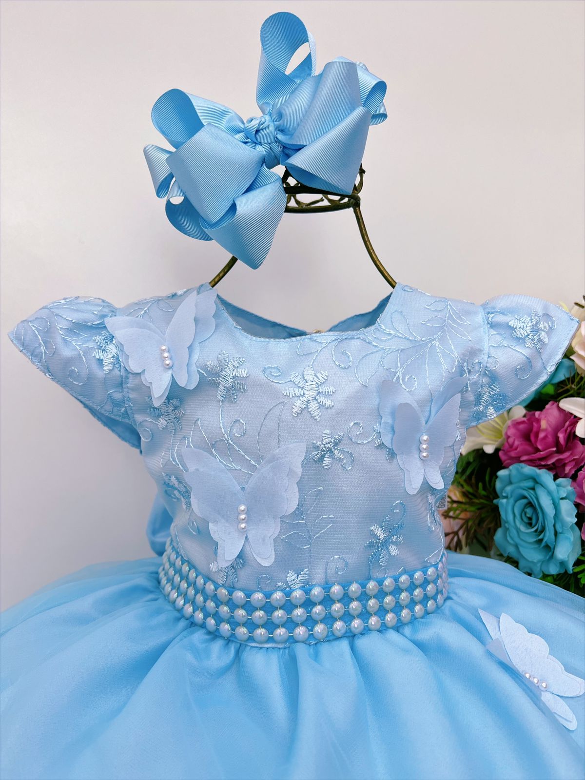 Vestido Infantil Azul Aplique de Borboletas Renda C/ Perolas