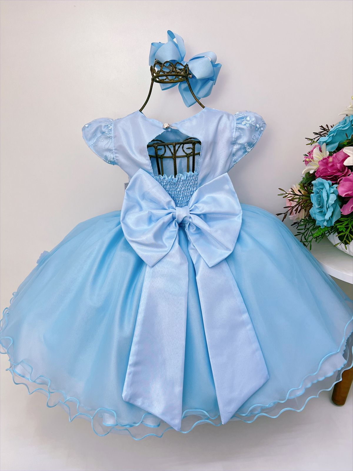 Vestido Infantil Azul Aplique de Borboletas Renda C/ Perolas