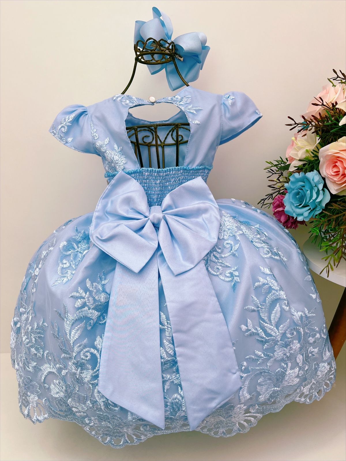 Vestido Infantil Azul C/ Renda Cinto de Pérolas