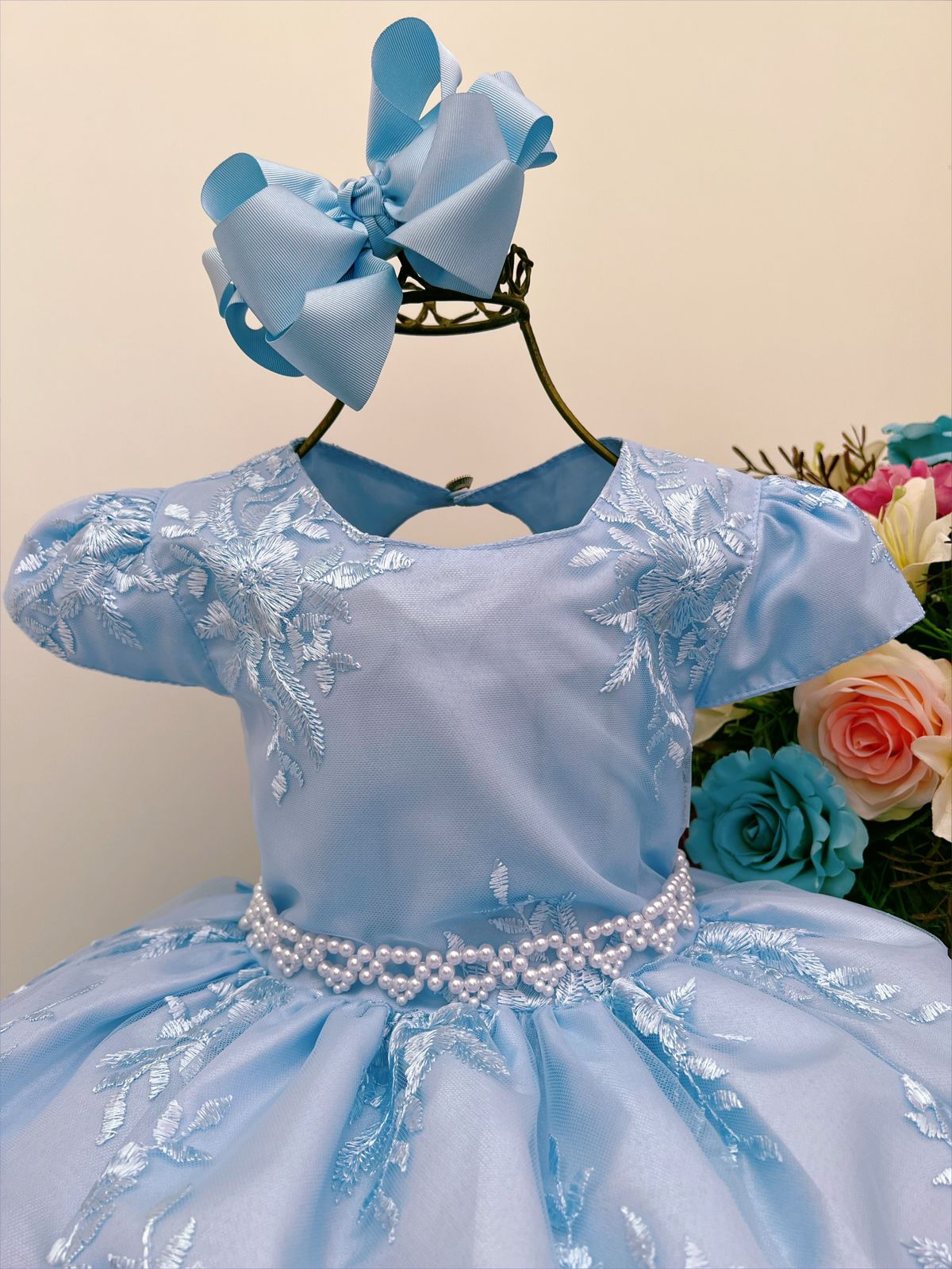 Vestido Infantil Azul C/ Renda Princesas Cinto Pérolas