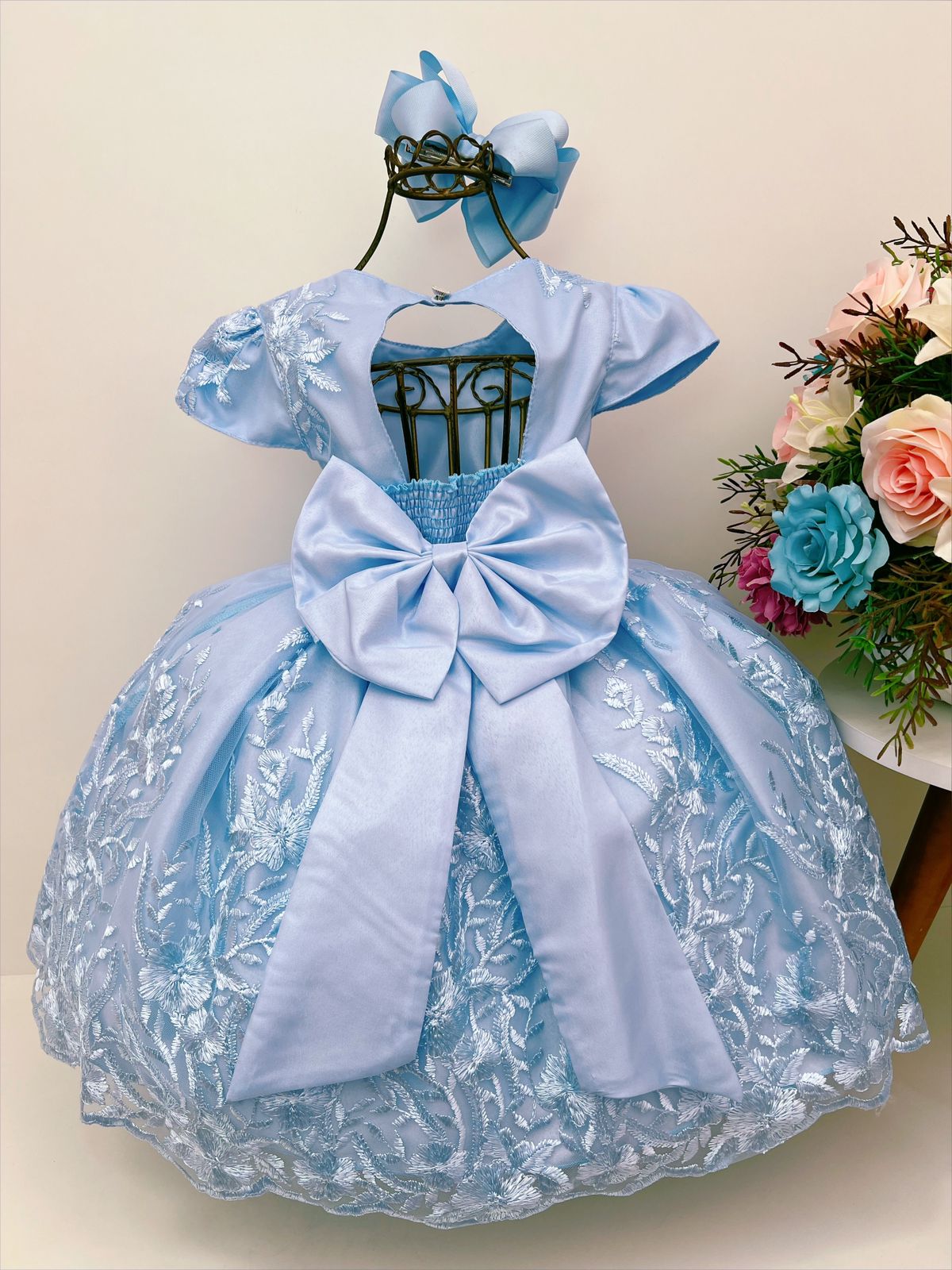 Vestido Infantil Azul C/ Renda Princesas Cinto Pérolas