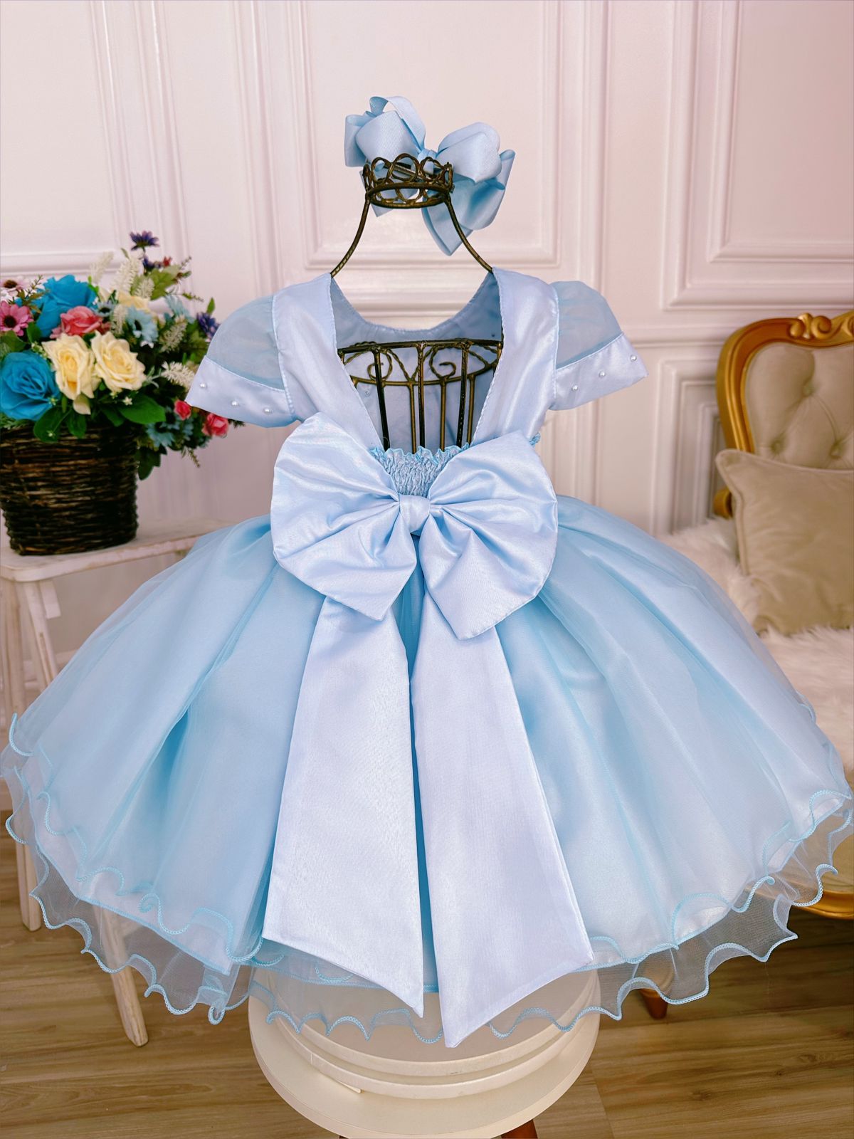 Vestido Infantil Azul Com Renda e Pérolas Luxo