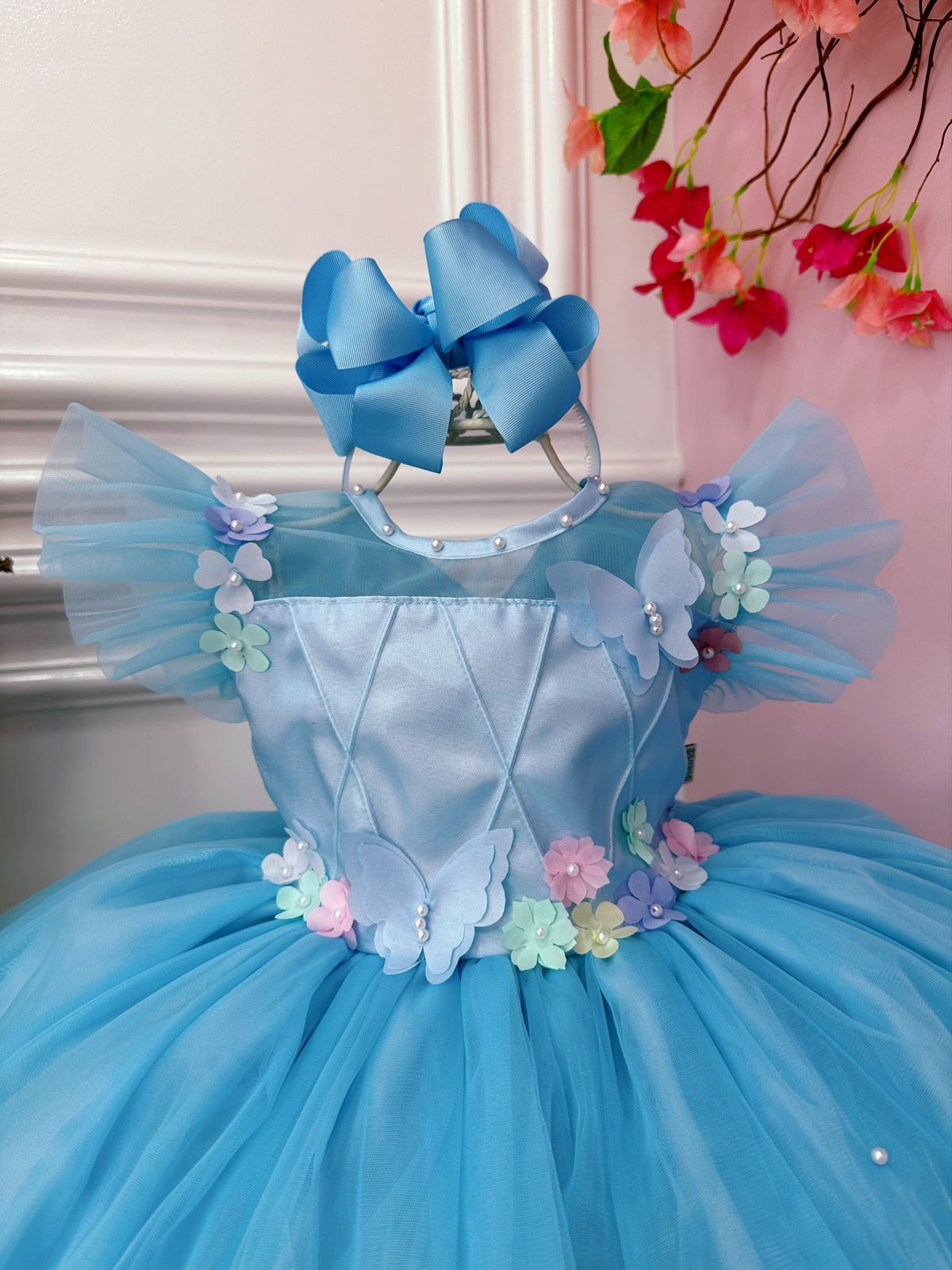 Vestido Infantil Jardim Encantado Azul C/ Aplique Pérolas