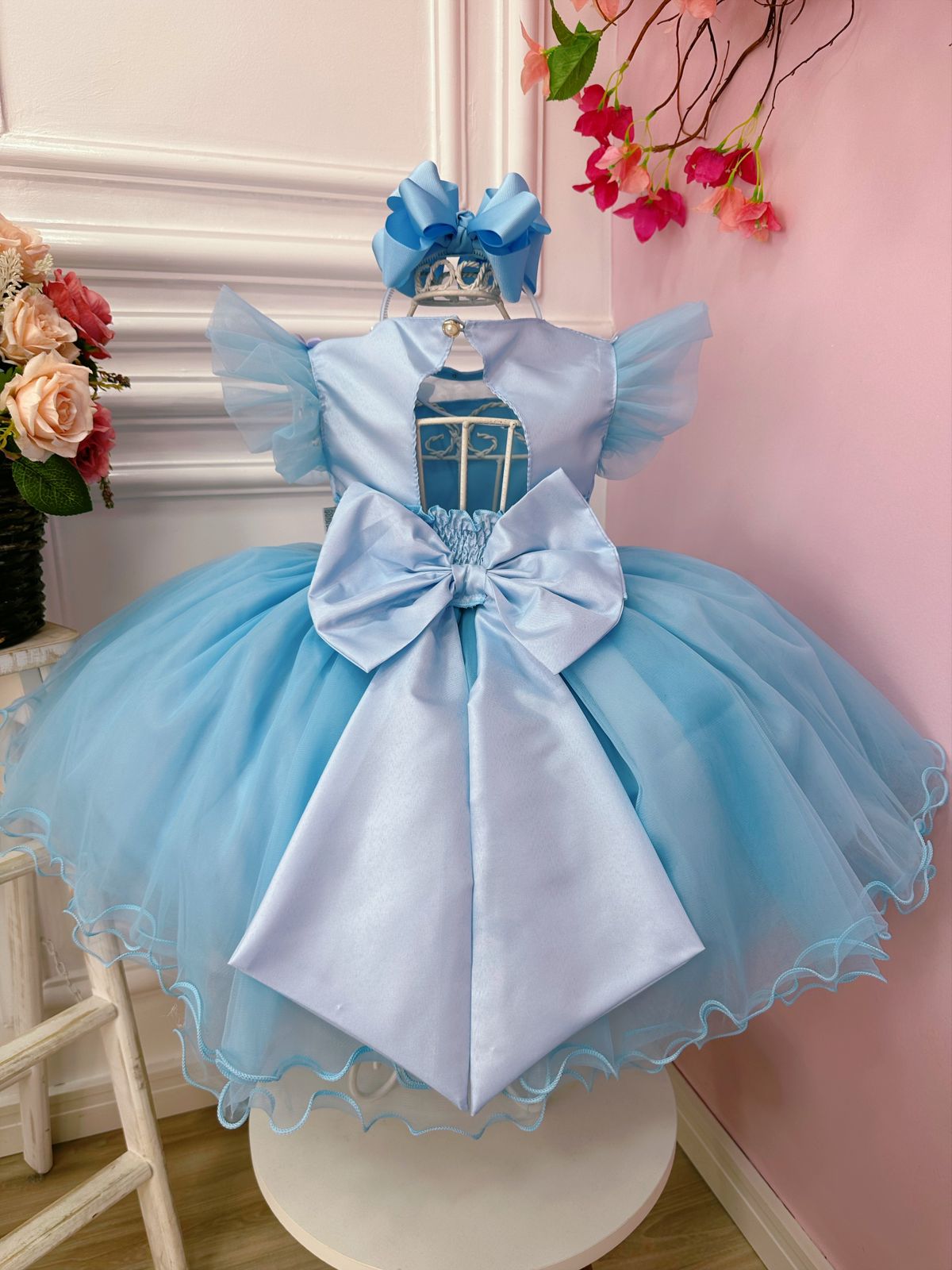 Vestido Infantil Jardim Encantado Azul C/ Aplique Pérolas