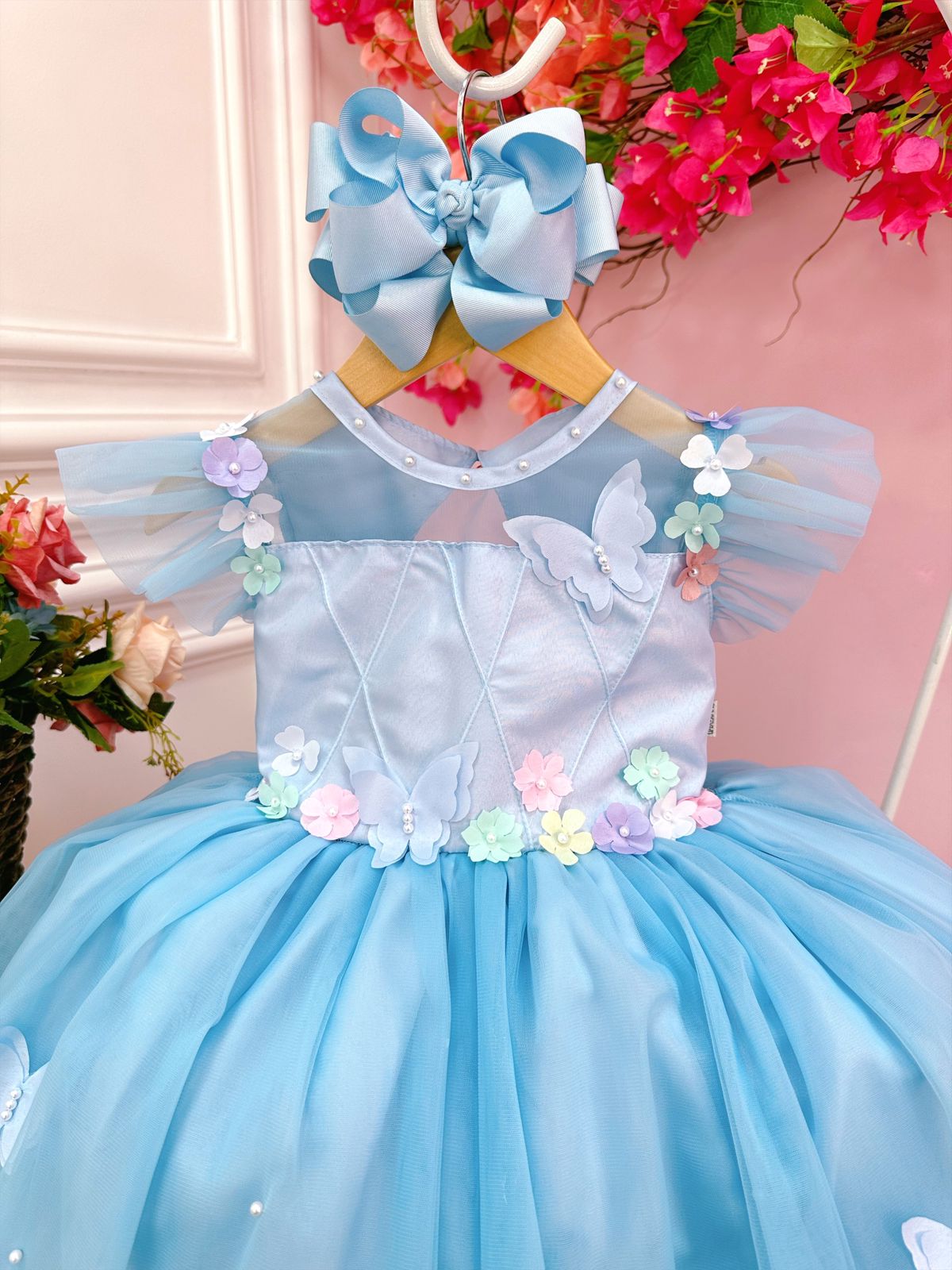 Vestido Infantil Jardim Encantado Azul C/ Aplique Pérolas