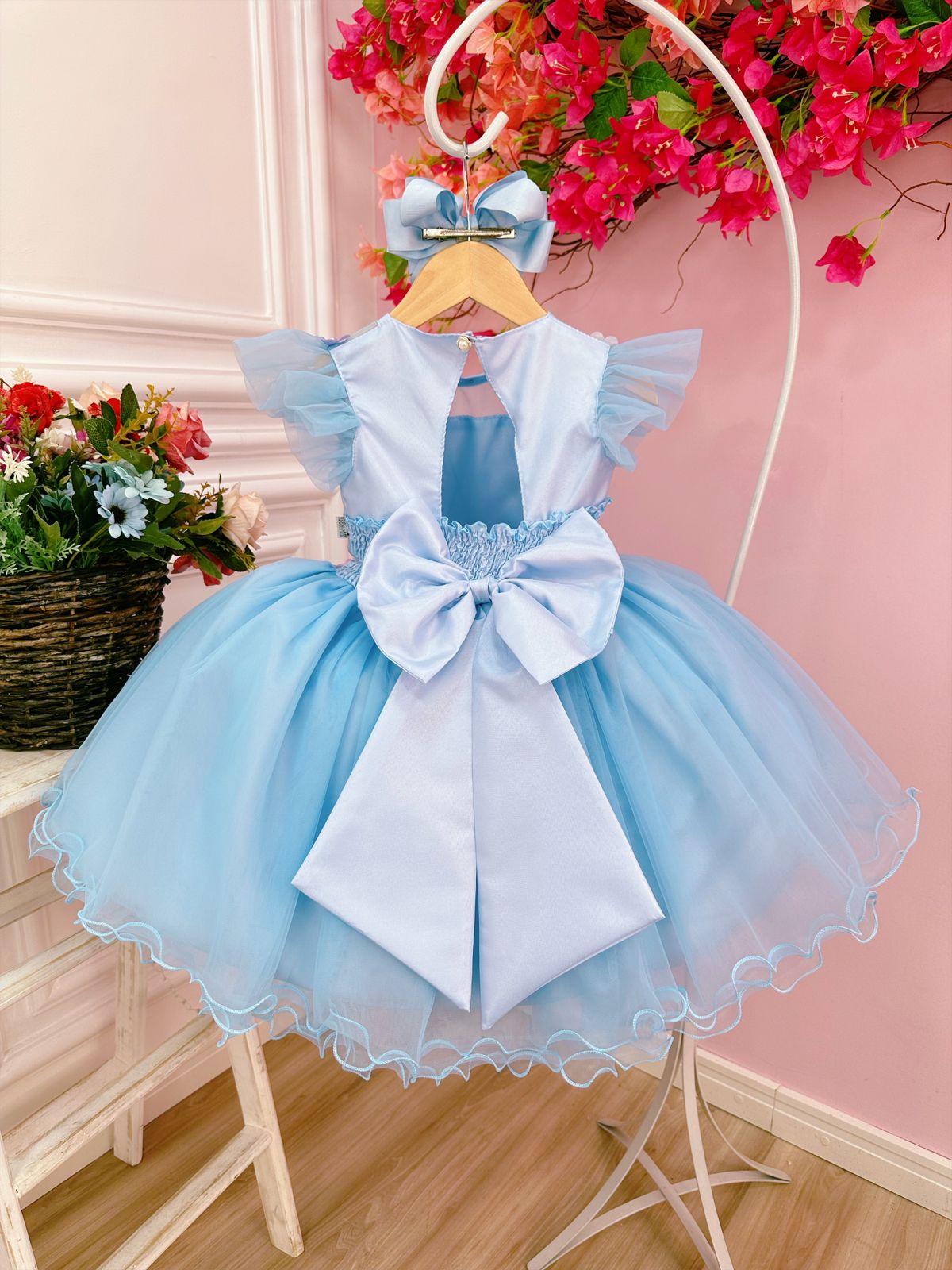 Vestido Infantil Jardim Encantado Azul C/ Aplique Pérolas