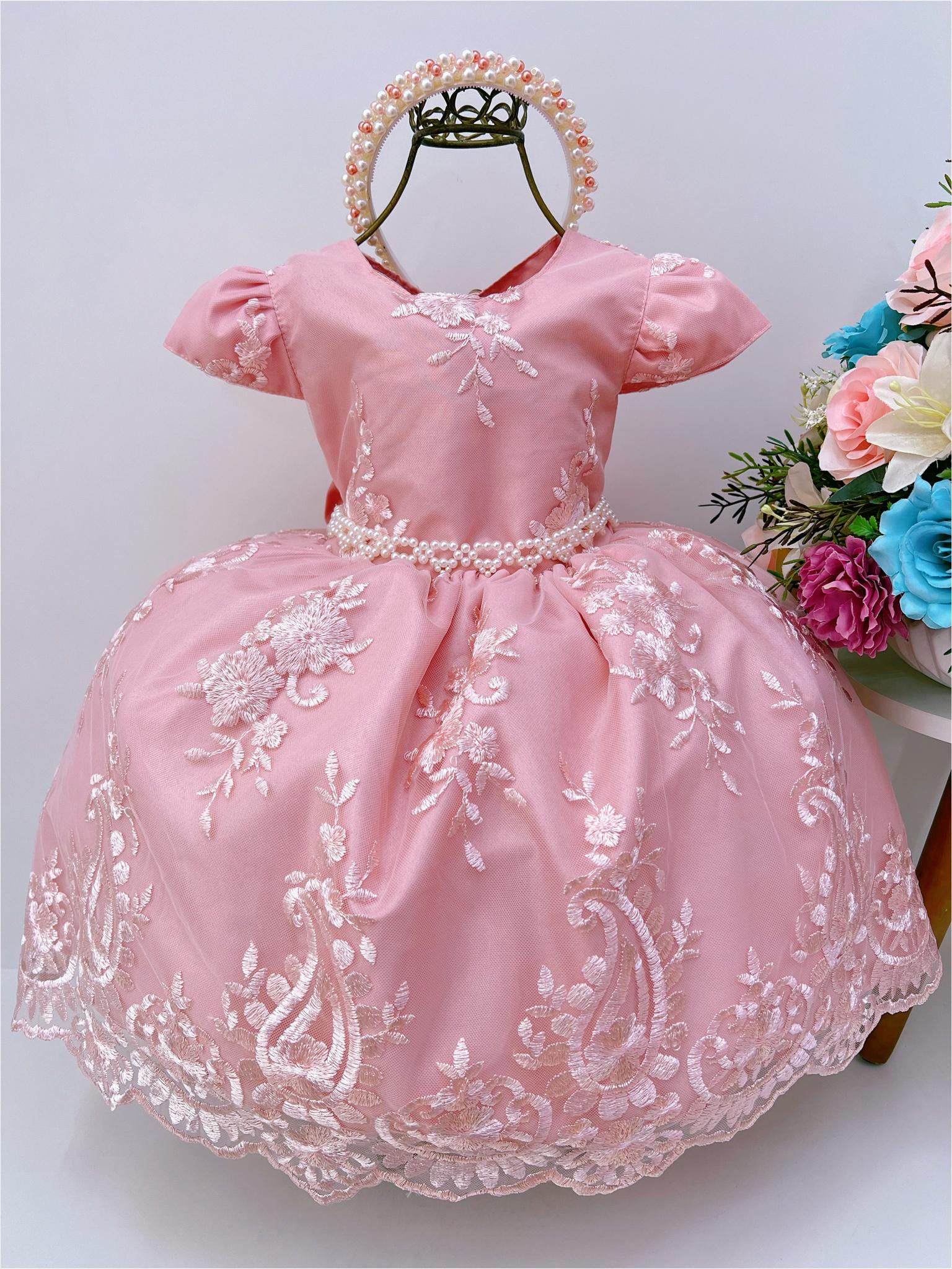 Vestido Infantil Realeza Rose Renda Pérolas Daminhas Luxo