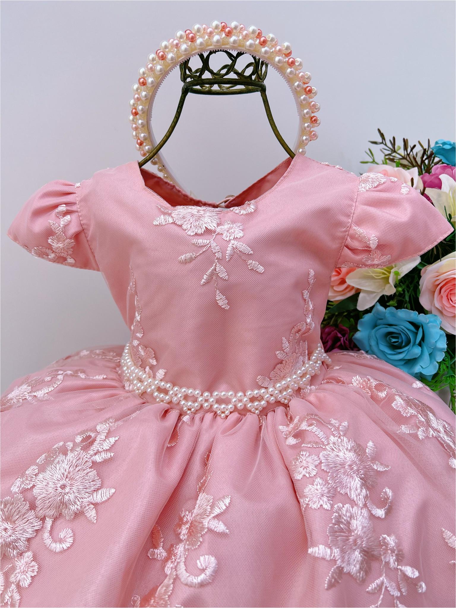 Vestido Infantil Realeza Rose Renda Pérolas Daminhas Luxo
