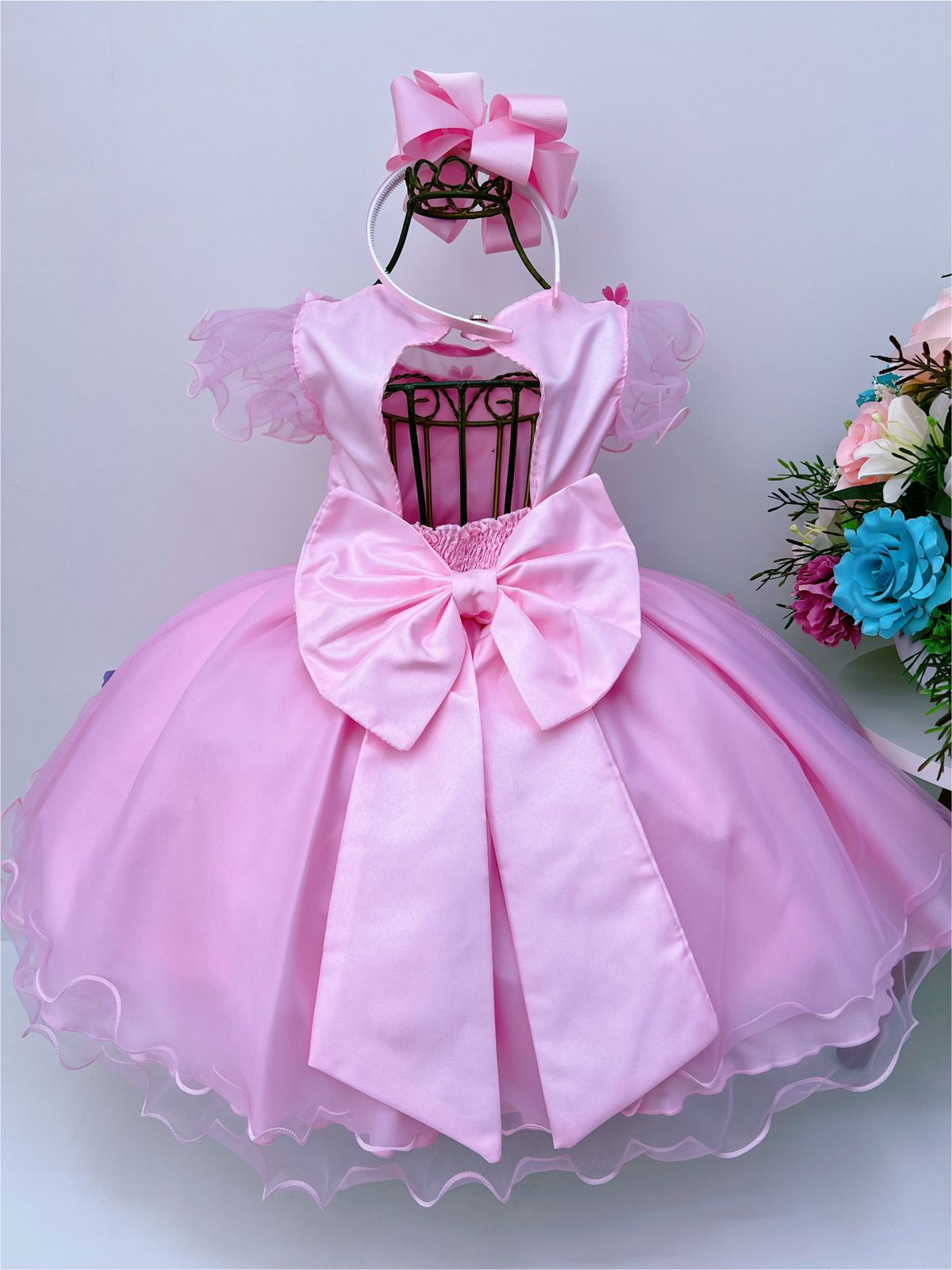 Vestido Infantil Rosa Aplique Borboletas e Flores Luxo