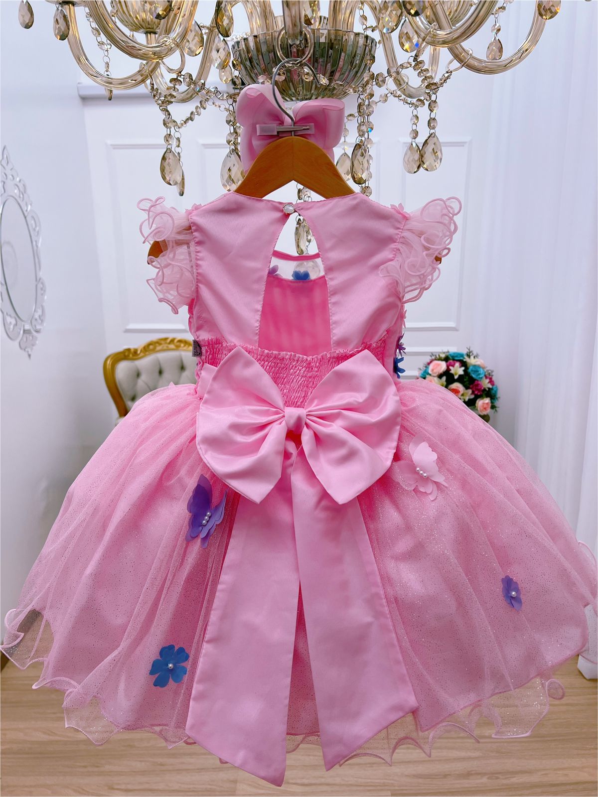 Vestido Infantil Rosa Aplique Borboletas Super Brilho Luxo