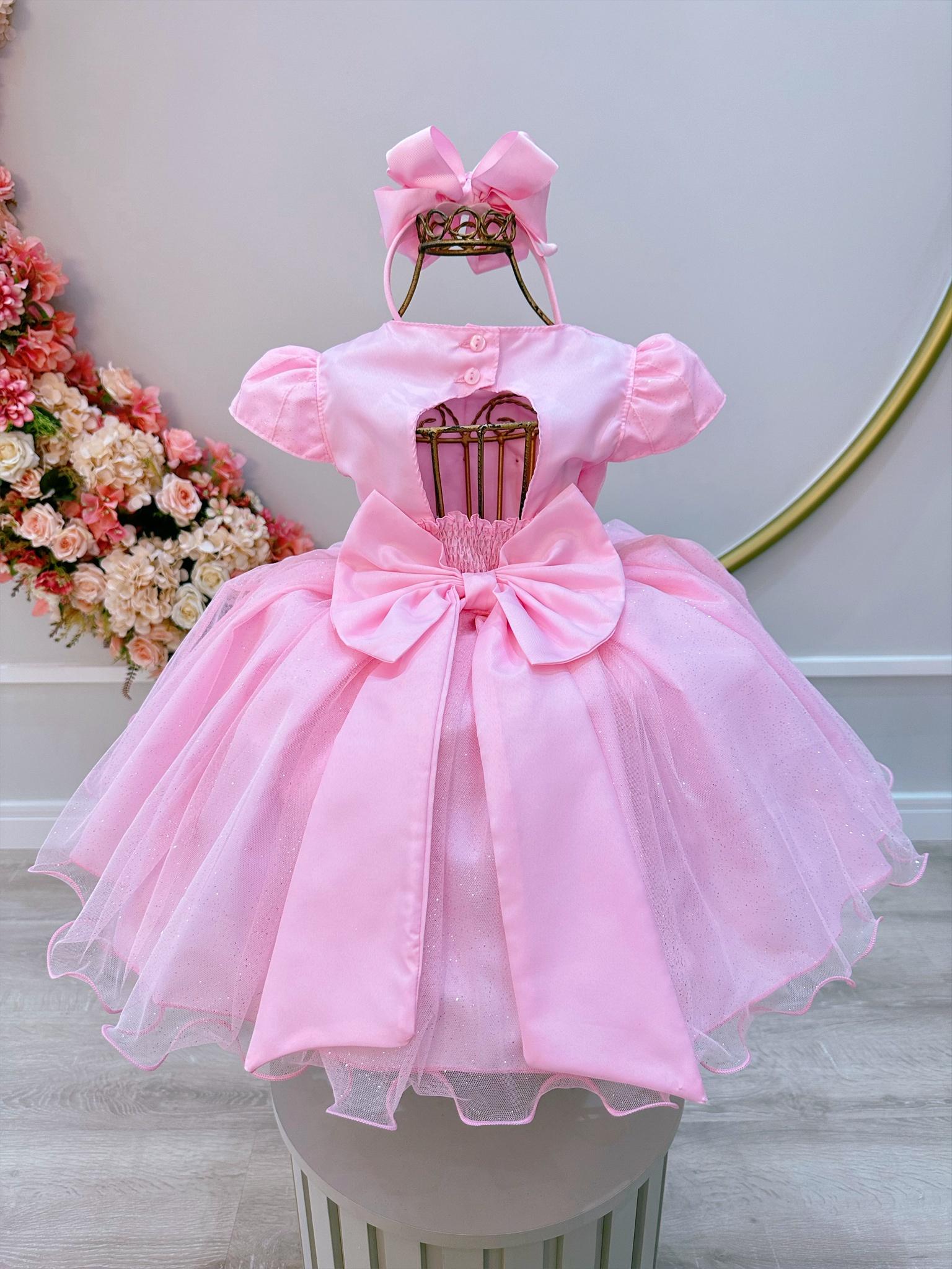 Vestido Infantil Rosa Bebê C/ Aplique de Margaridas Luxo