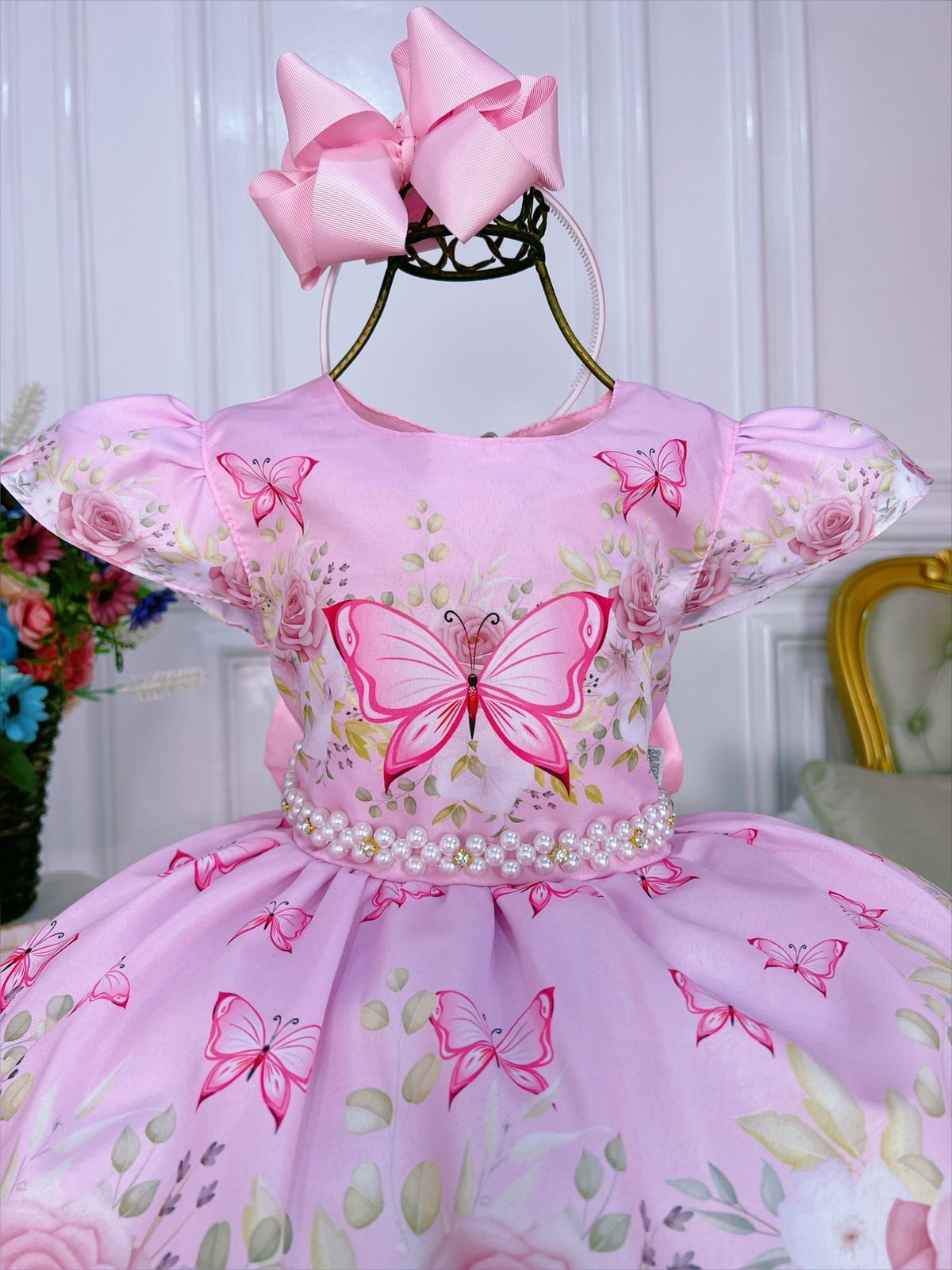 Vestido Infantil Rosa Jardim das Borboletas Strass Pérolas
