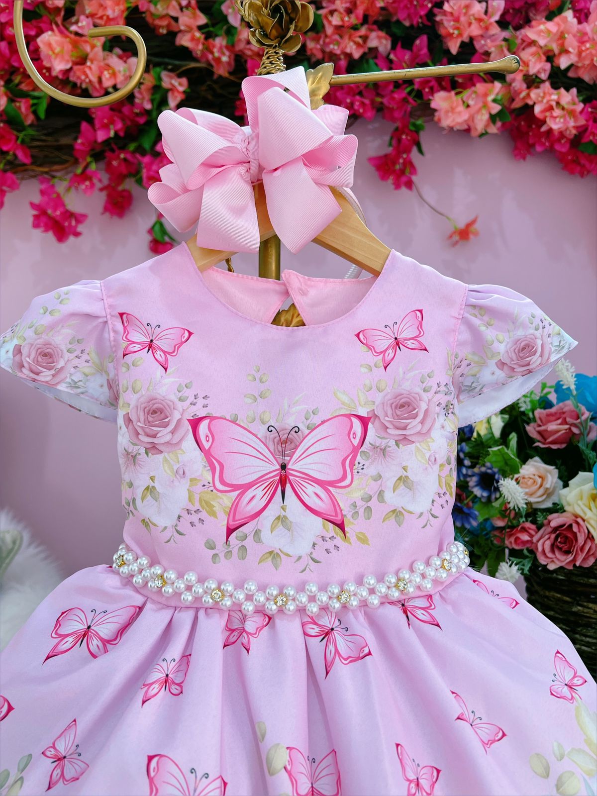 Vestido Infantil Rosa Jardim das Borboletas Strass Pérolas