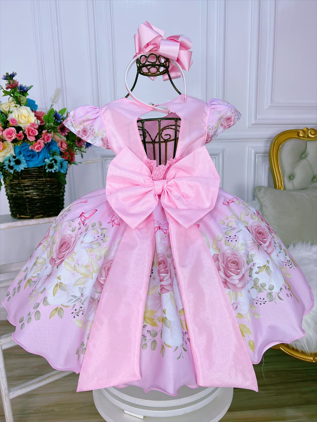Vestido Infantil Rosa Jardim das Borboletas Strass Pérolas