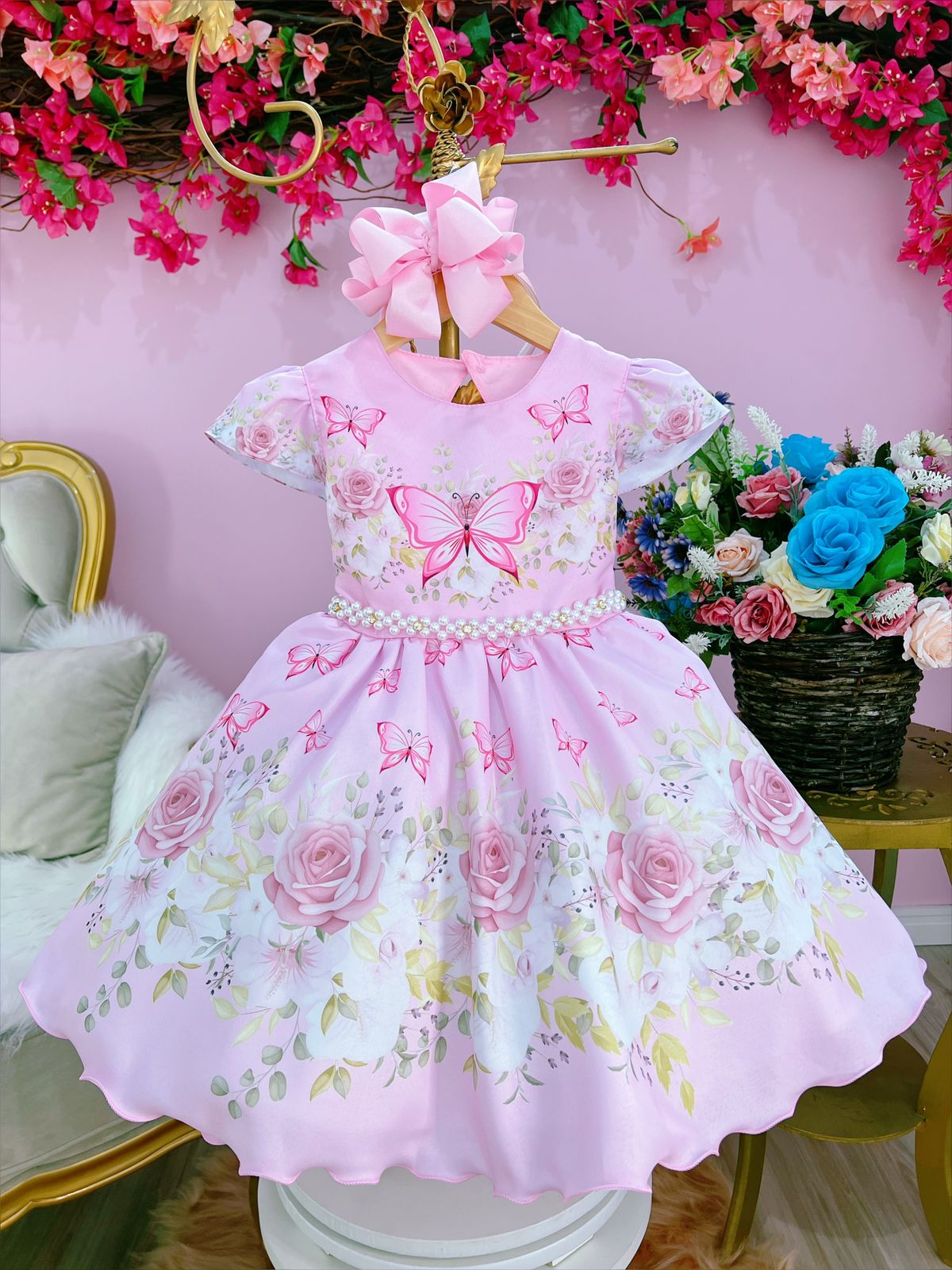 Vestido Infantil Rosa Jardim das Borboletas Strass Pérolas