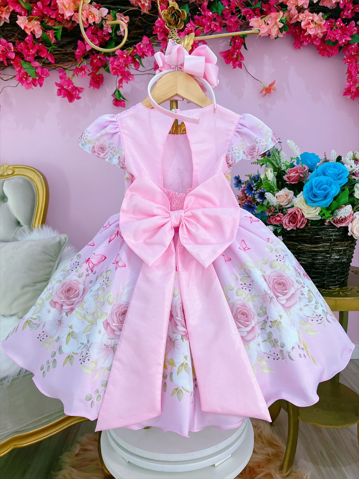 Vestido Infantil Rosa Jardim das Borboletas Strass Pérolas