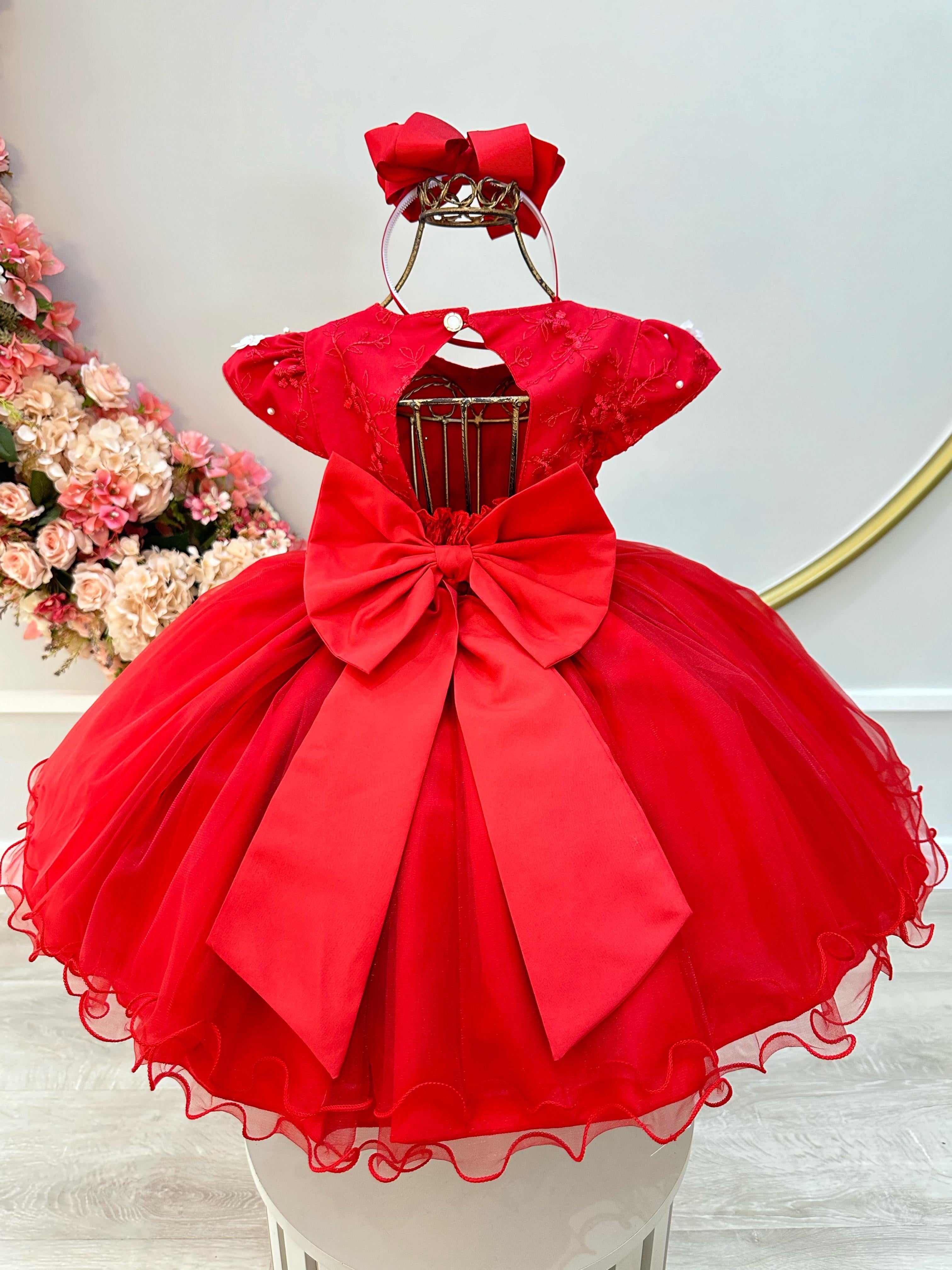 Vestido Infantil Vermelho C/ Renda Aplique Borboletas Flores