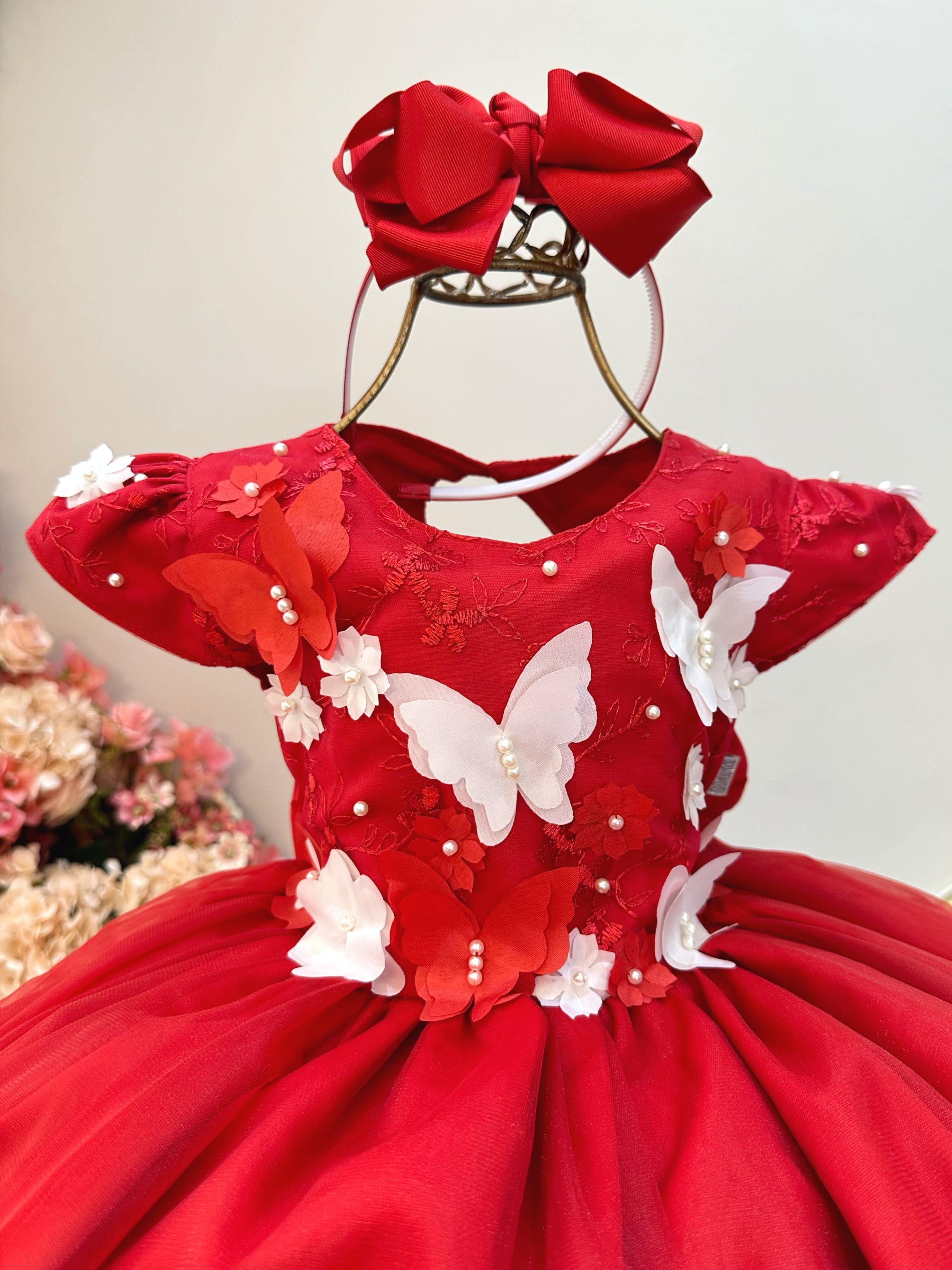 Vestido Infantil Vermelho C/ Renda Aplique Borboletas Flores