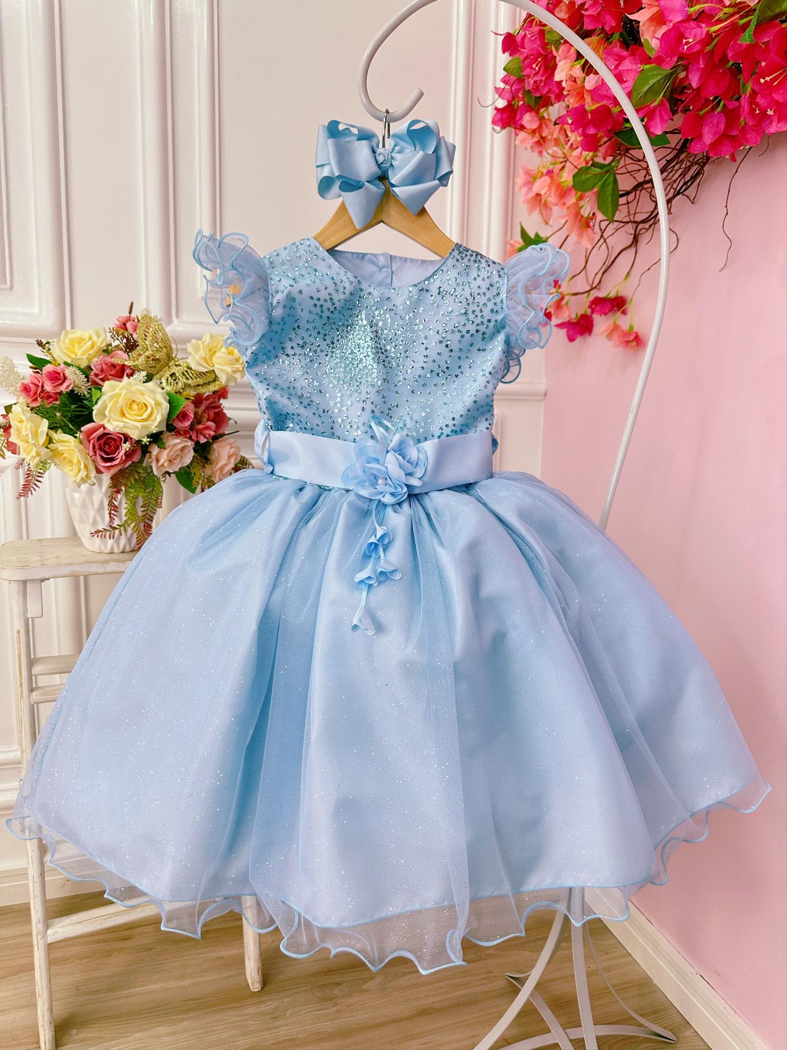 Vestido Infantil Azul Com Glitter e Broche de Flor Luxo