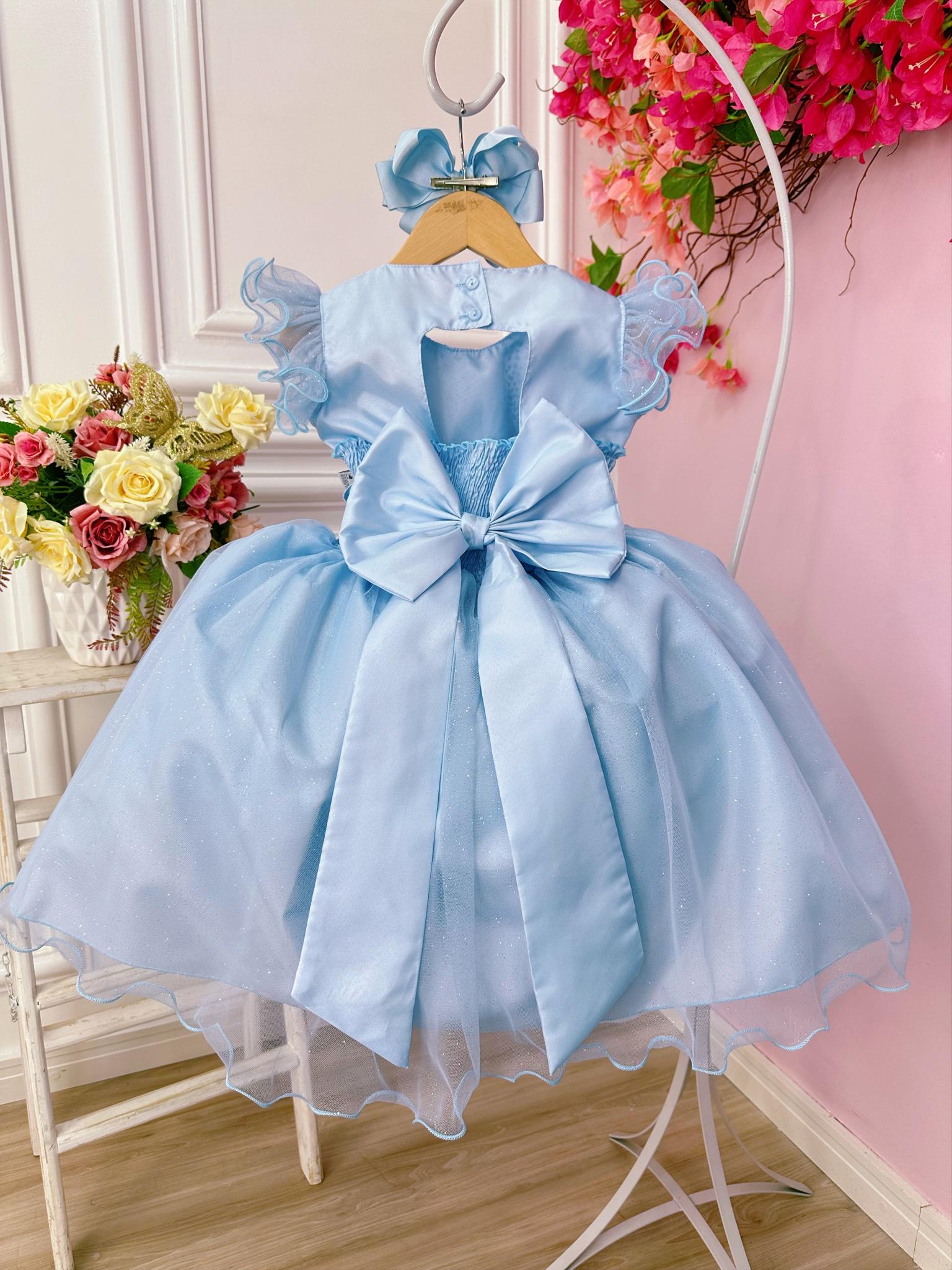 Vestido Infantil Azul Com Glitter e Broche de Flor Luxo