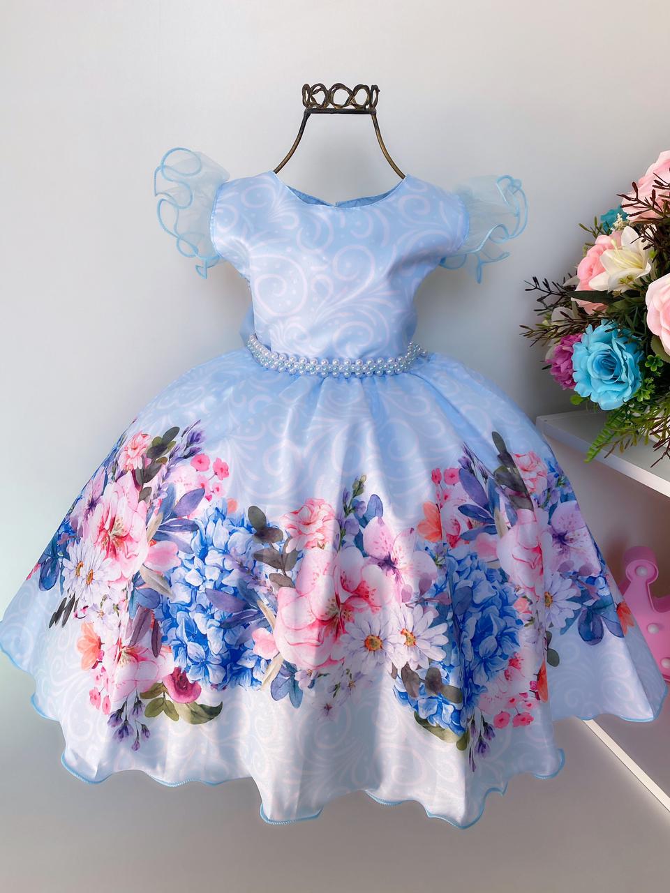 Vestido Infantil Azul Floral Jardim Cinto Pérolas Princesas