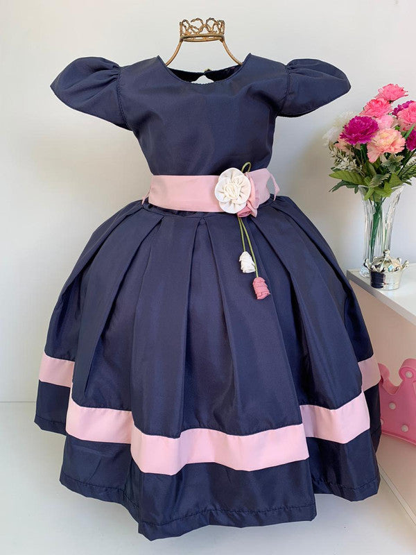 Vestido Infantil Azul Marinho Princesa Laço Rosa com Flor