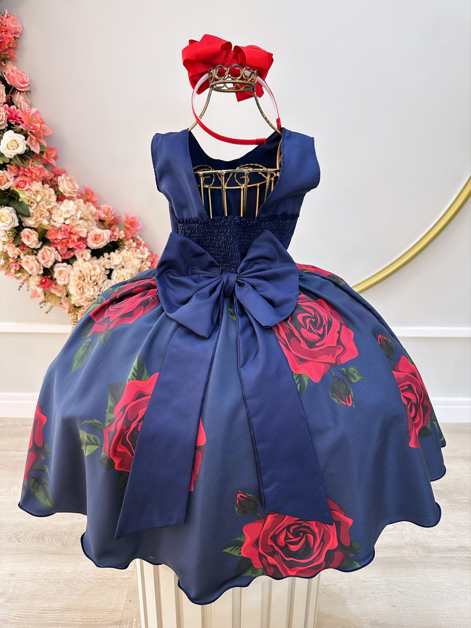 Vestido Infantil Azul Marinho Saia Florida Busto Plissado