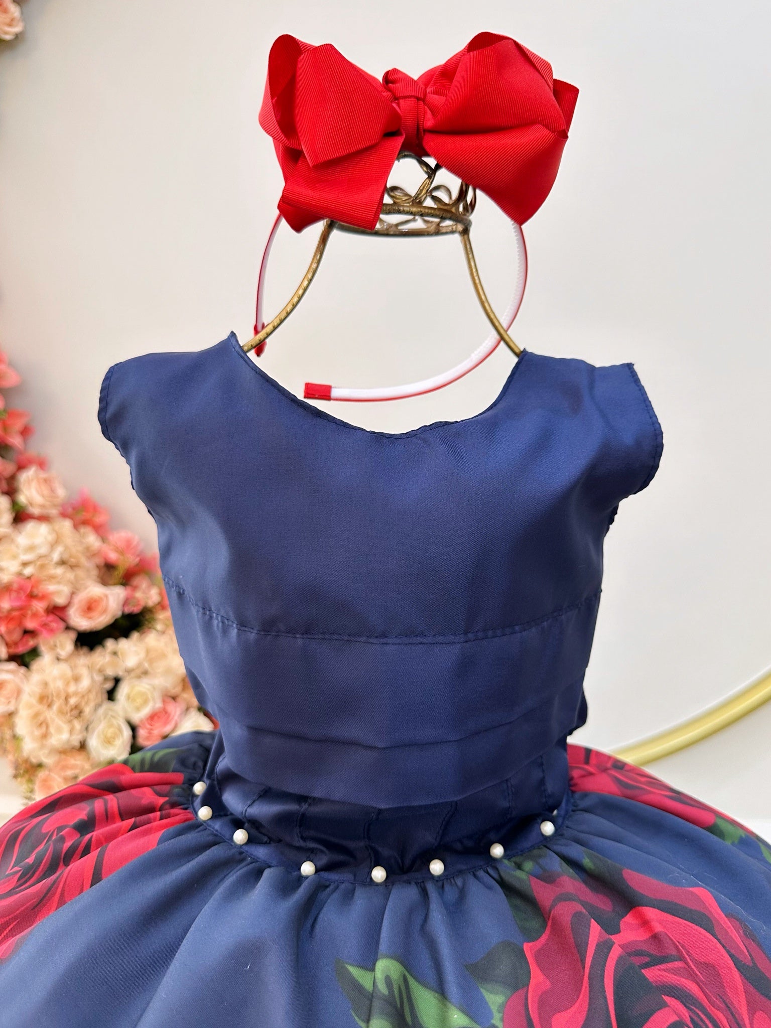 Vestido Infantil Azul Marinho Saia Florida Busto Plissado