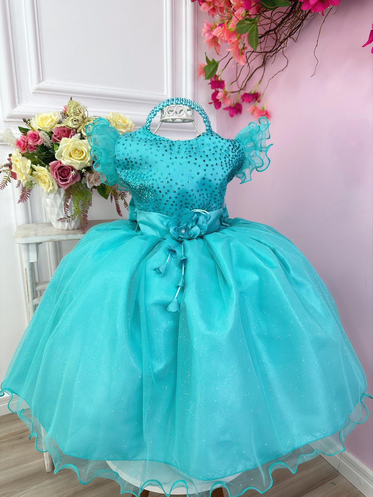 Vestido Infantil Verde Com Glitter e Broche de Flor Luxo