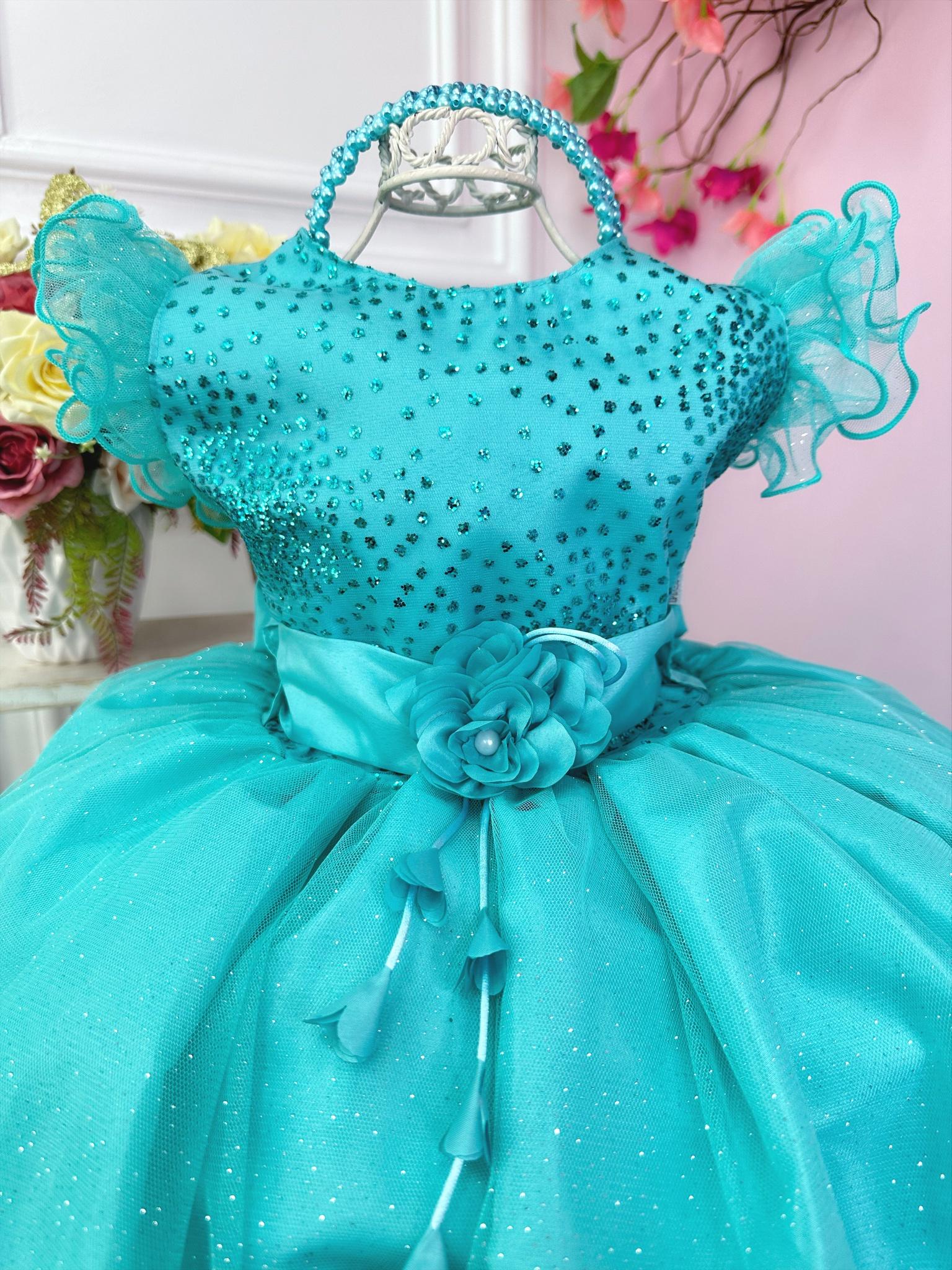 Vestido Infantil Verde Com Glitter e Broche de Flor Luxo