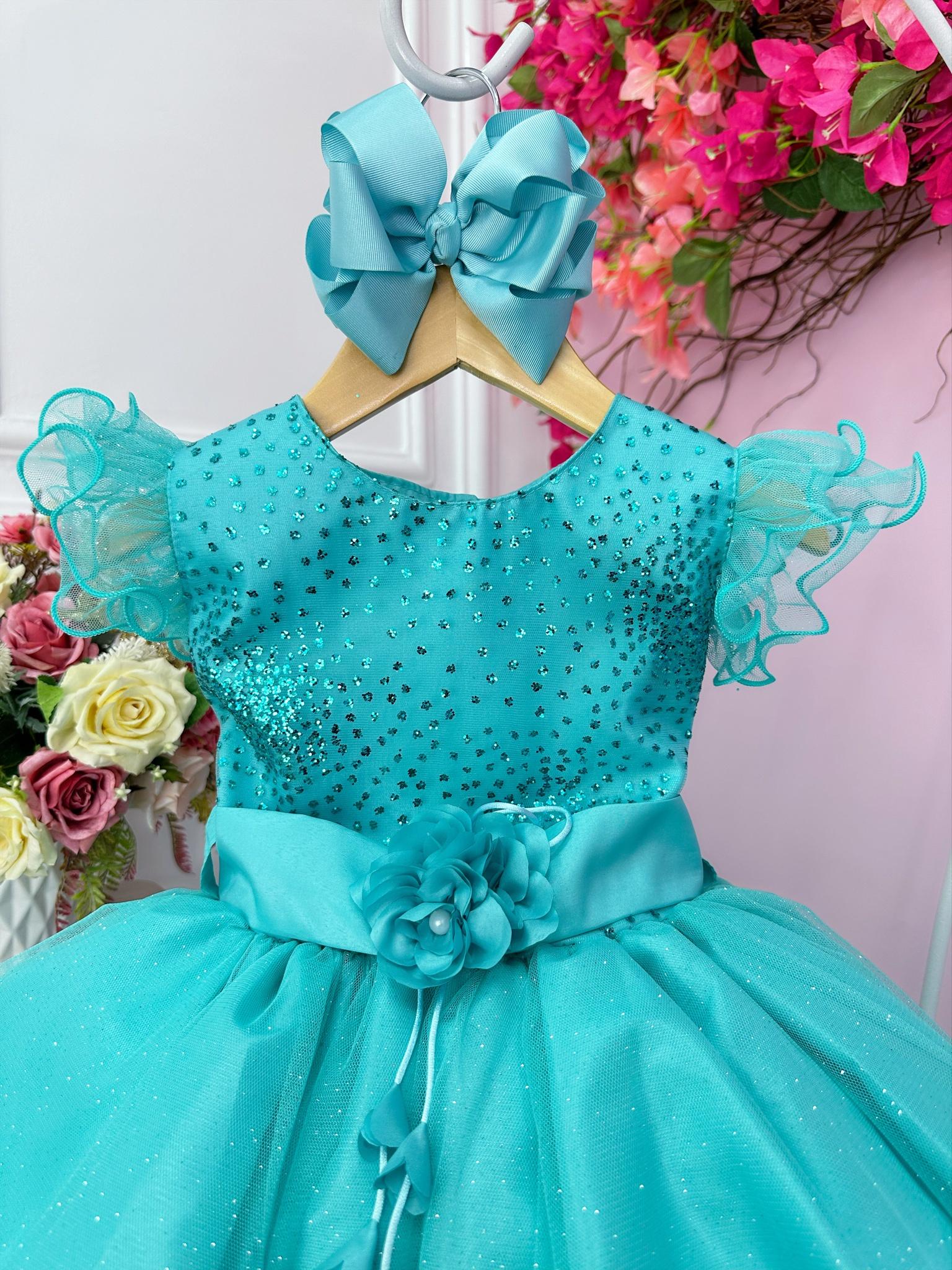 Vestido Infantil Verde Com Glitter e Broche de Flor Luxo