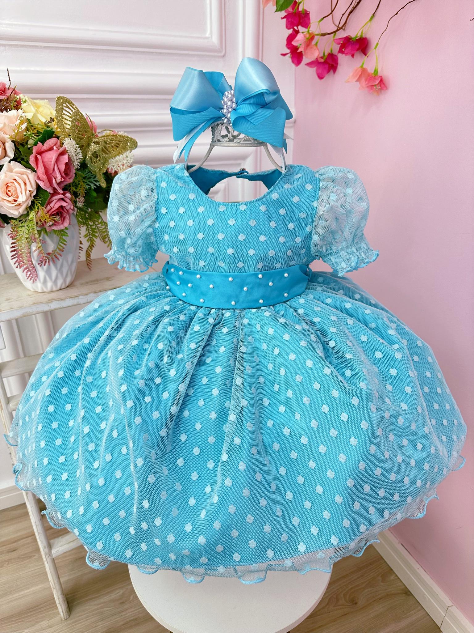 Vestido Bebê Azul Tiffany Com Poá e Pérolas Batizados Festas