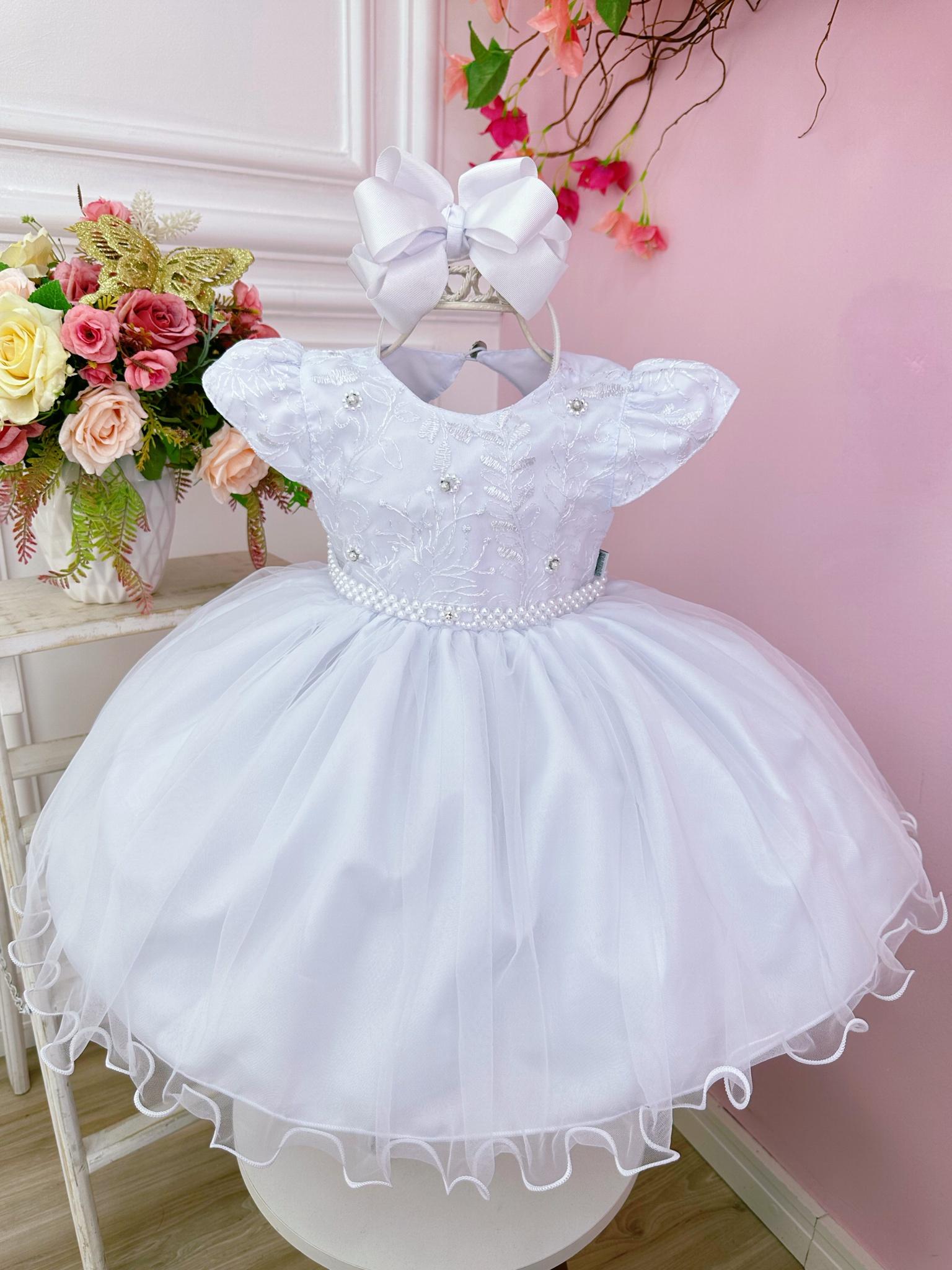 Vestido Bebê Branco Busto C/ Renda e Pérolas Batizados