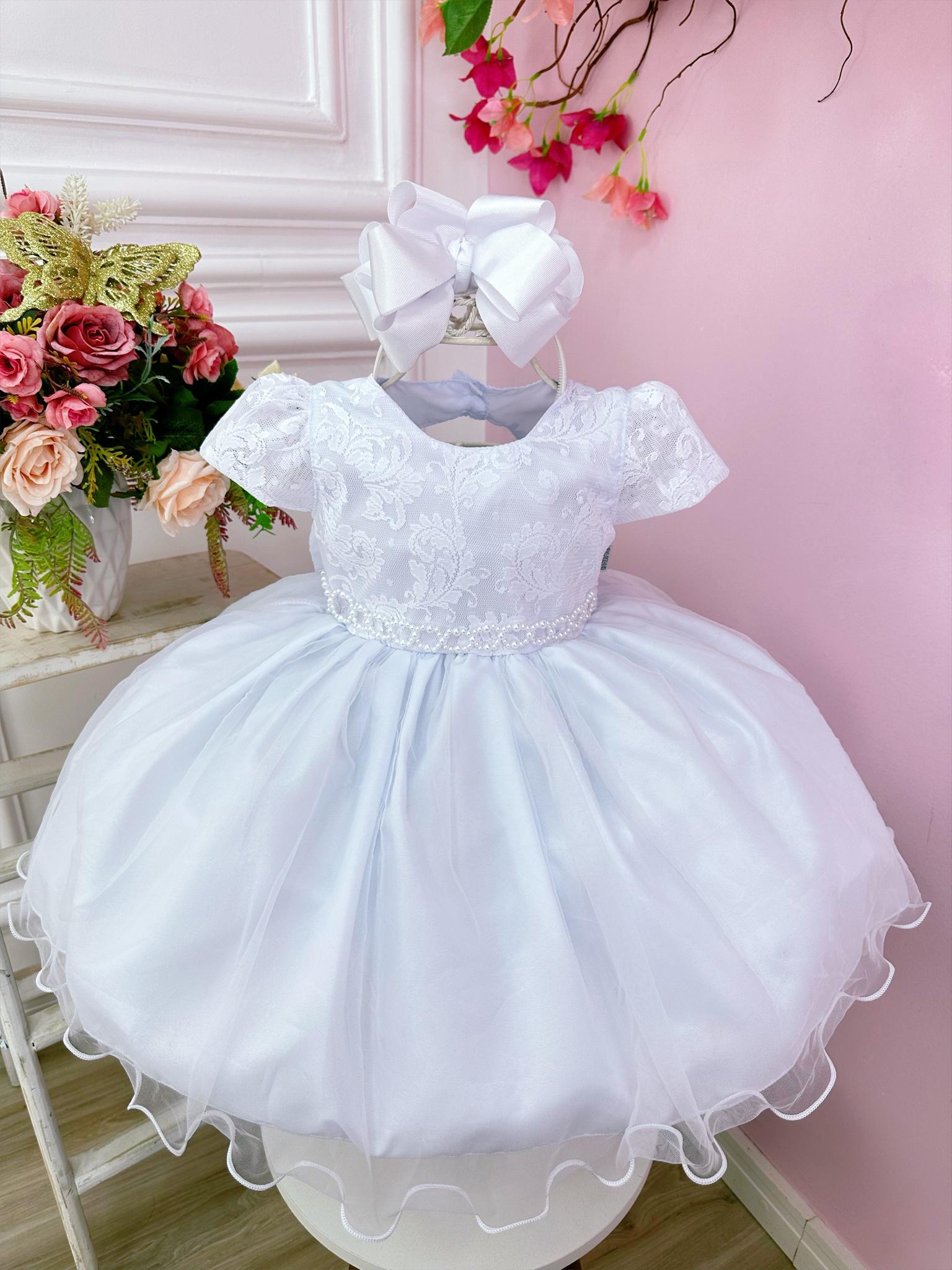 Vestido Bebê Branco Busto Renda Batizados Cinto de Pérolas