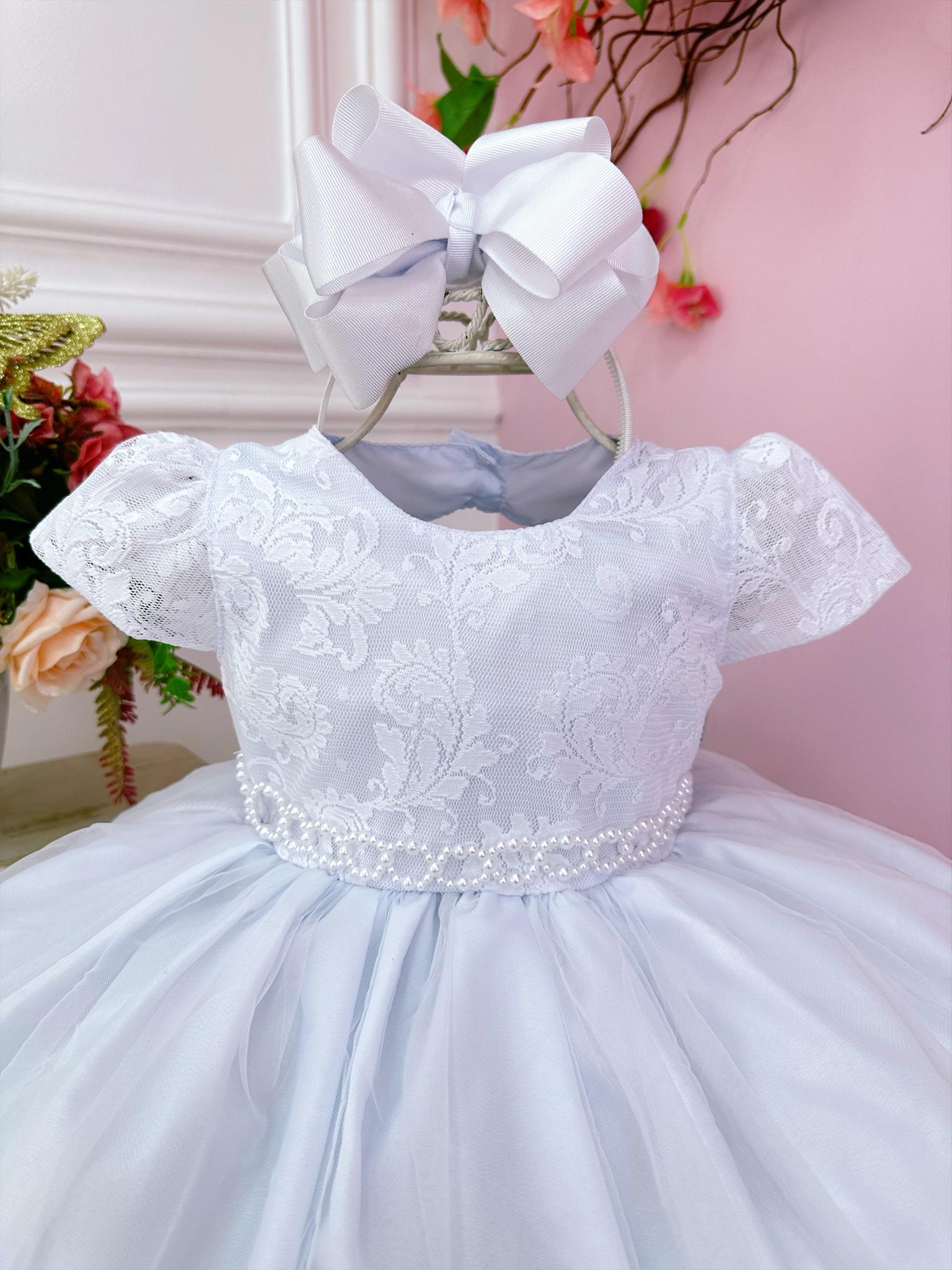 Vestido Bebê Branco Busto Renda Batizados Cinto de Pérolas