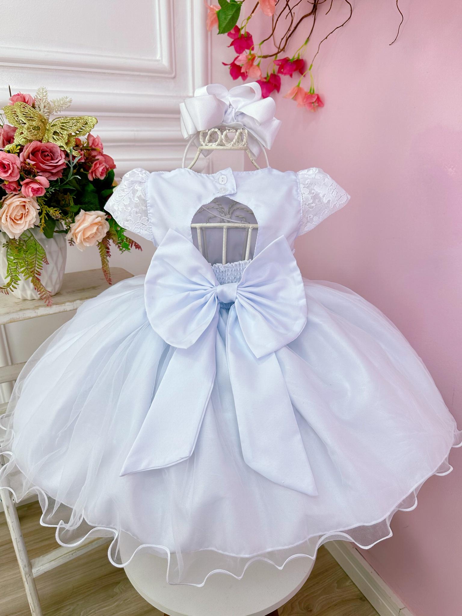 Vestido Bebê Branco Busto Renda Batizados Cinto de Pérolas