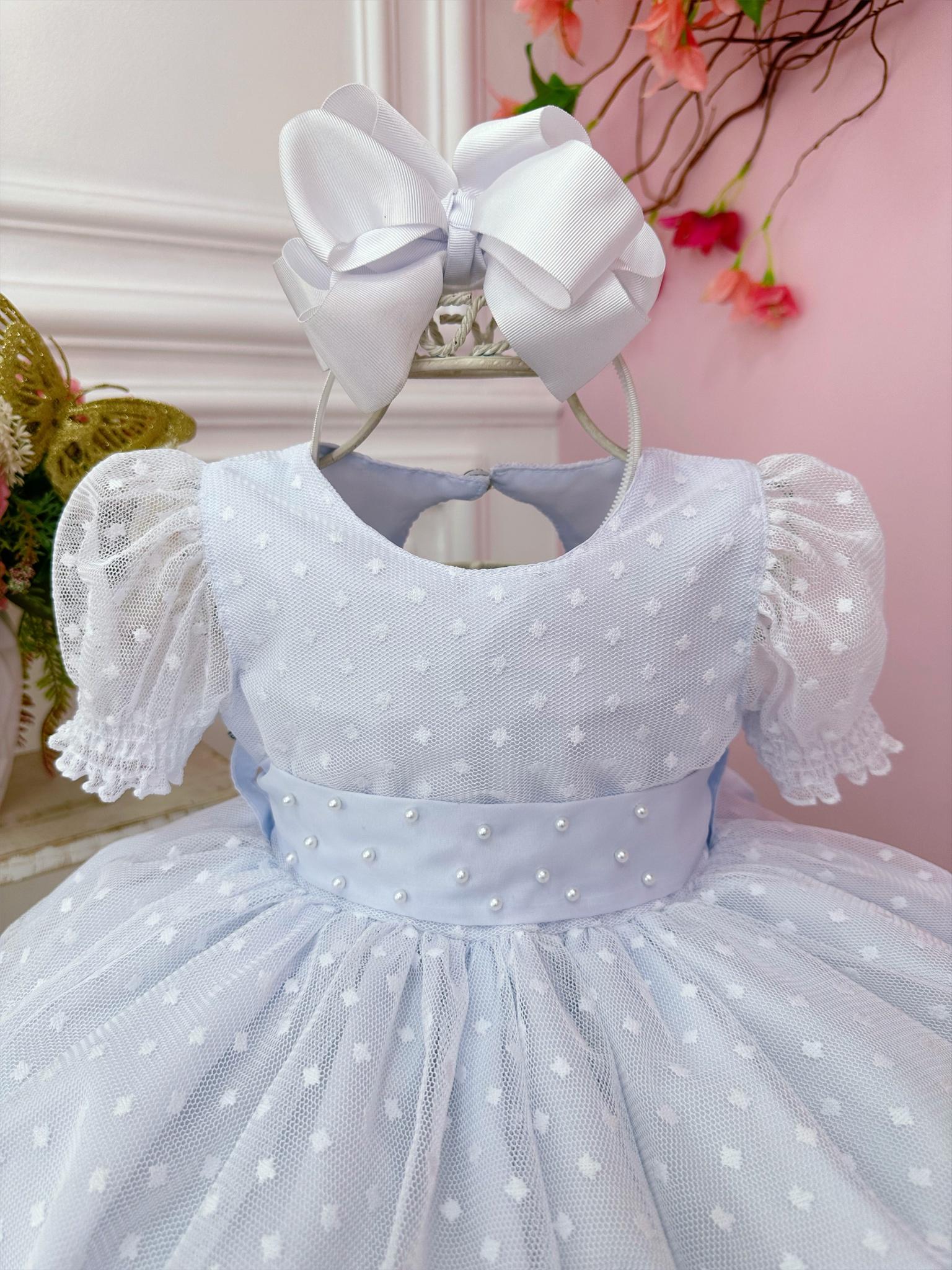 Vestido Bebê Branco Com Poá e Pérolas Batizados Festas