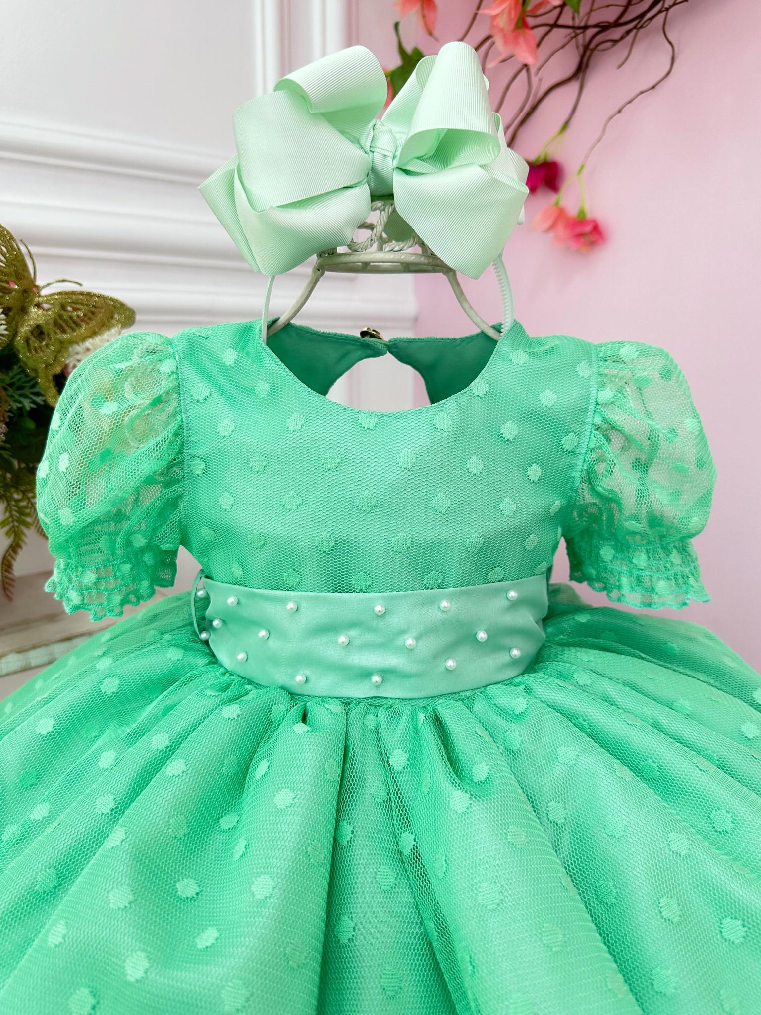 Vestido Bebê Verde Com Poá e Pérolas Batizados Festas