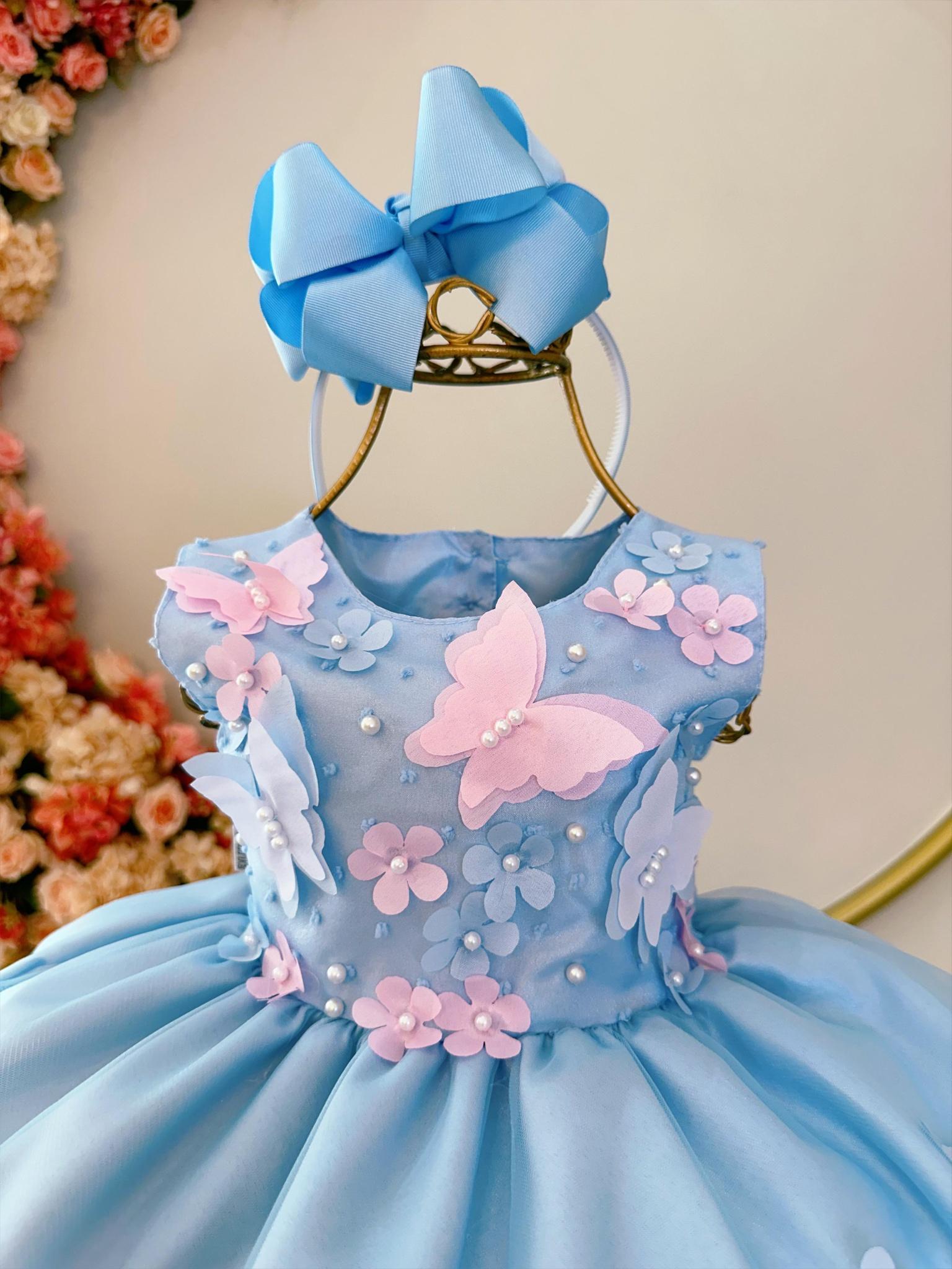 Vestido Infantil Bebê Azul C/ Aplique de Borboletas e Flores