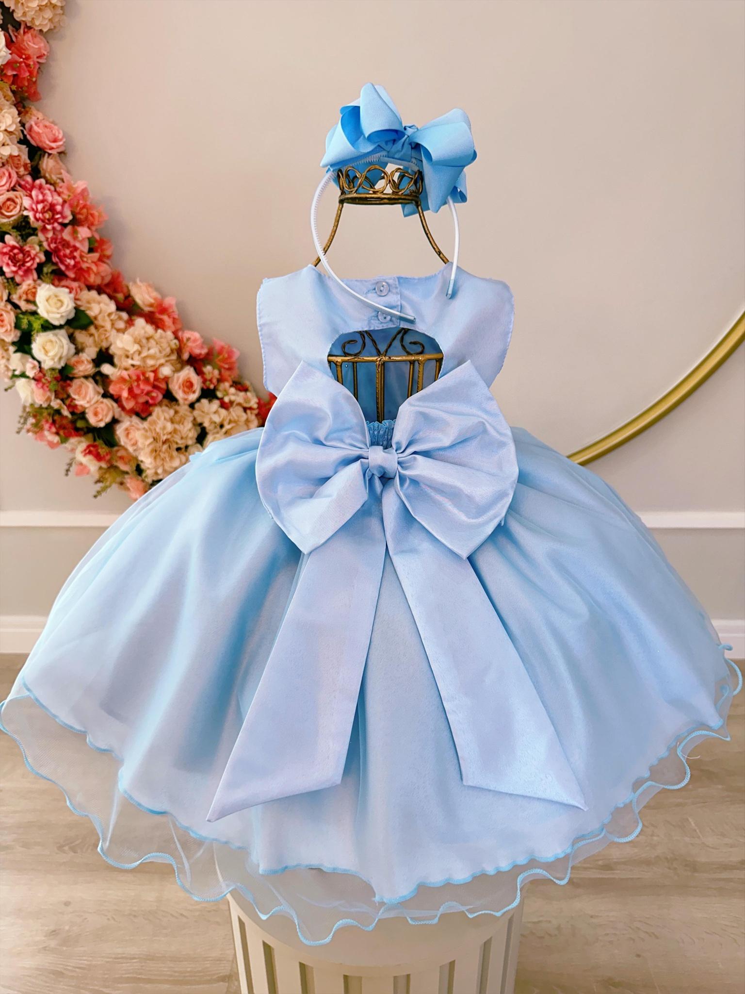 Vestido Infantil Bebê Azul C/ Aplique de Borboletas e Flores