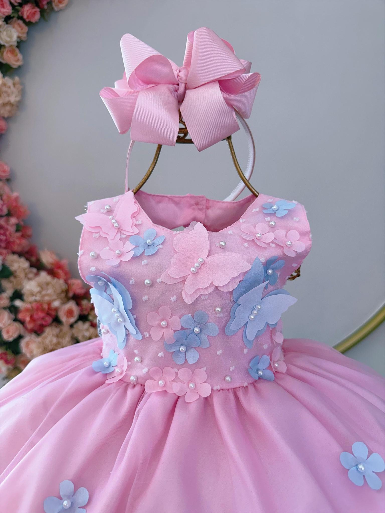 Vestido Infantil Bebê Rosa C/ Aplique de Borboletas e Flores