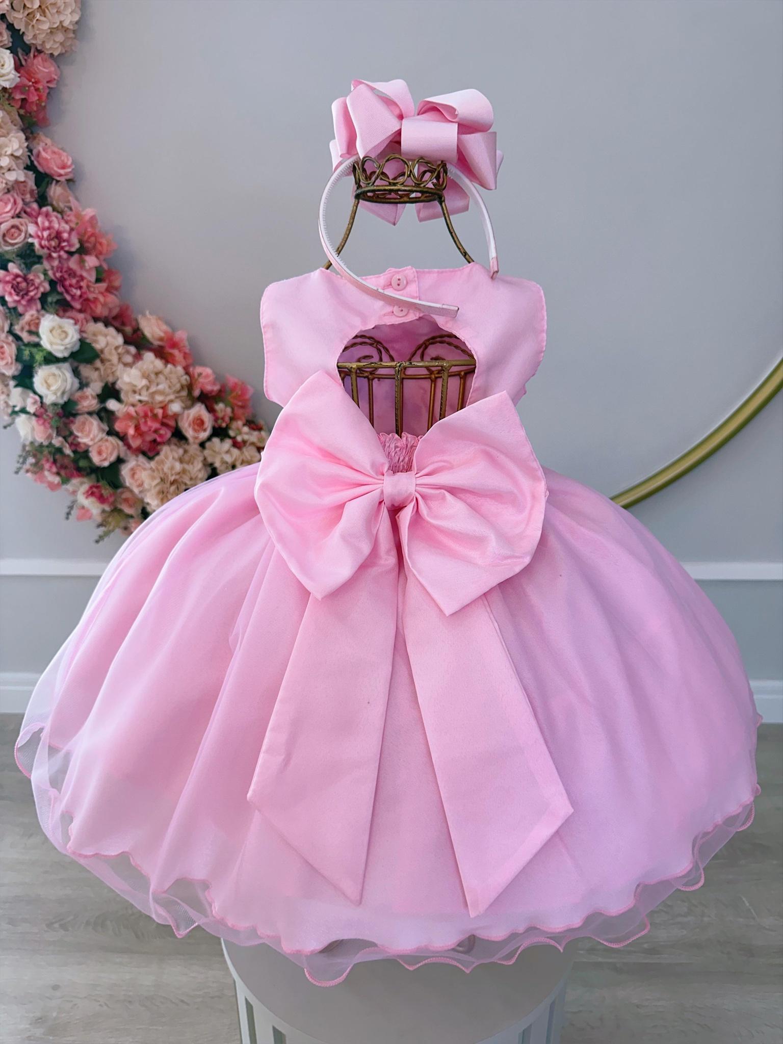 Vestido Infantil Bebê Rosa C/ Aplique de Borboletas e Flores