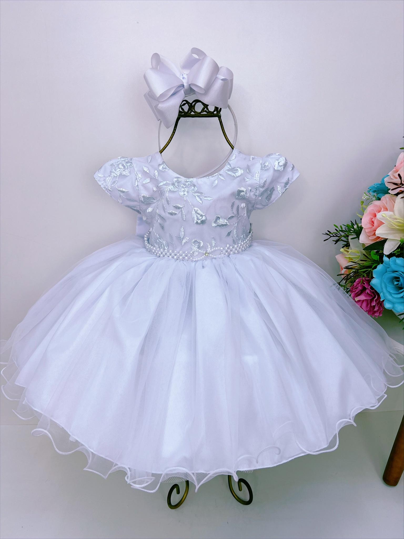 Vestido Infantil Branco Busto Renda Batizado C/ Pérolas