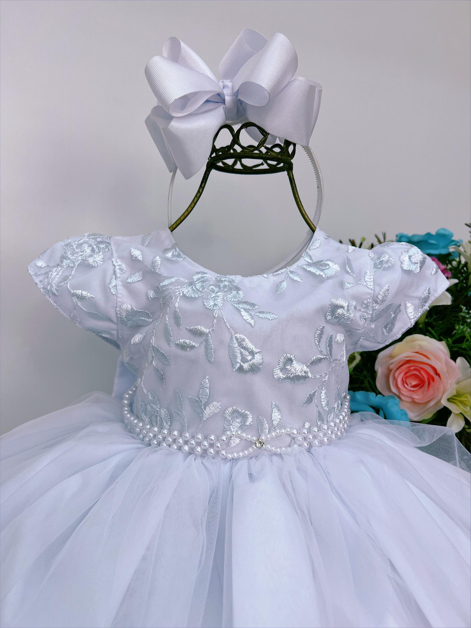 Vestido Infantil Branco Busto Renda Batizado C/ Pérolas