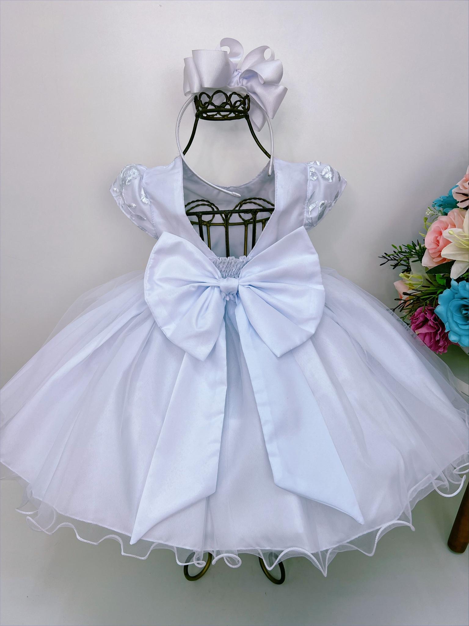 Vestido Infantil Branco Busto Renda Batizado C/ Pérolas